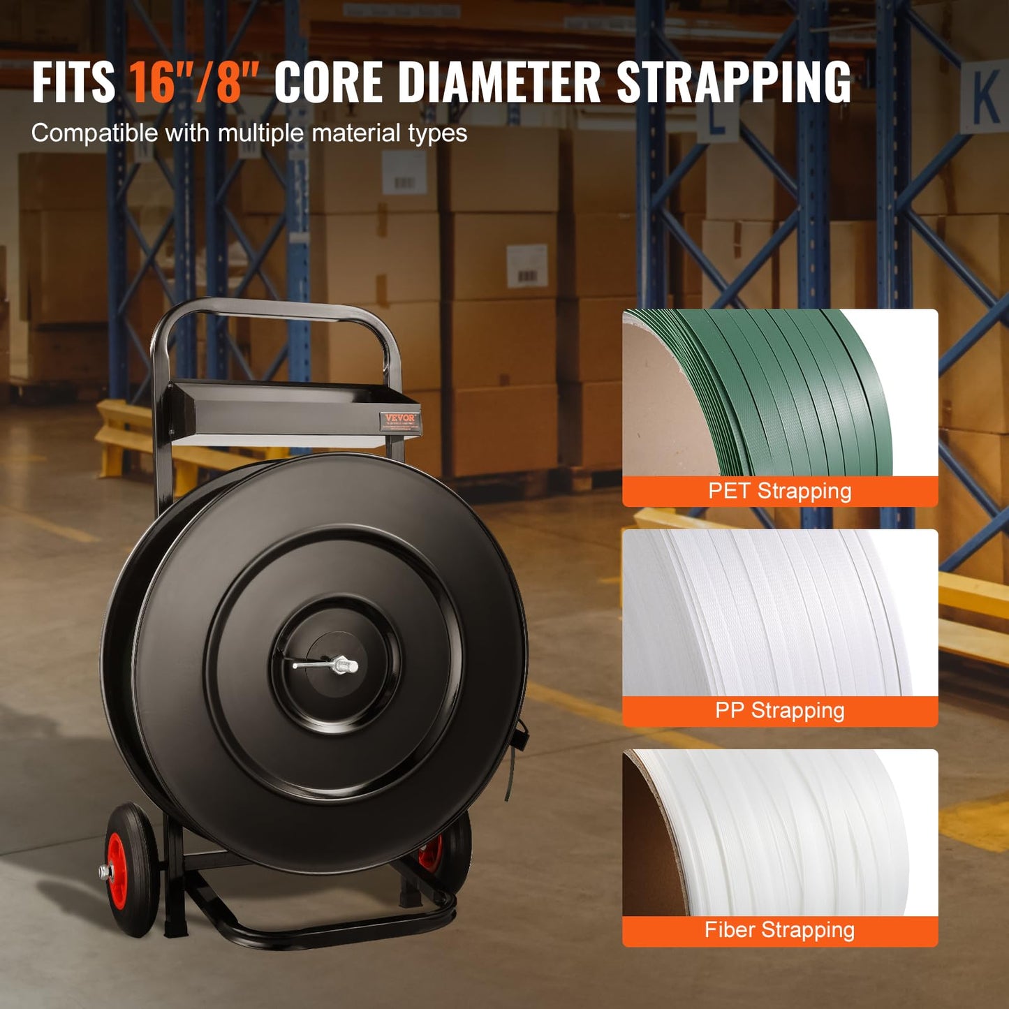 VEVOR Banding Strapping Cart, for PET/PP/Fiber Strapping Coils with 8" or 16" Core Size, Heavy Duty Strapping Dispenser, Equipped with Anti-Retreat Pulleys, Upgrade Brake System, Spacious Tray