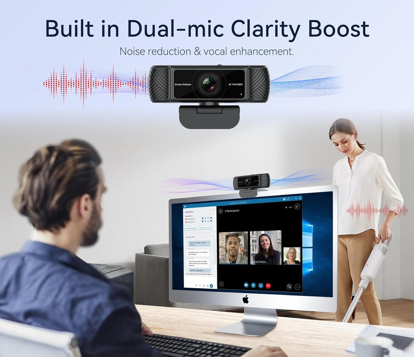 Amdony 1080P Streaming Webcam for PC - HD Webcam with Microphone, Privacy Cover, AutoFocus, Noise Cancellation, Auto