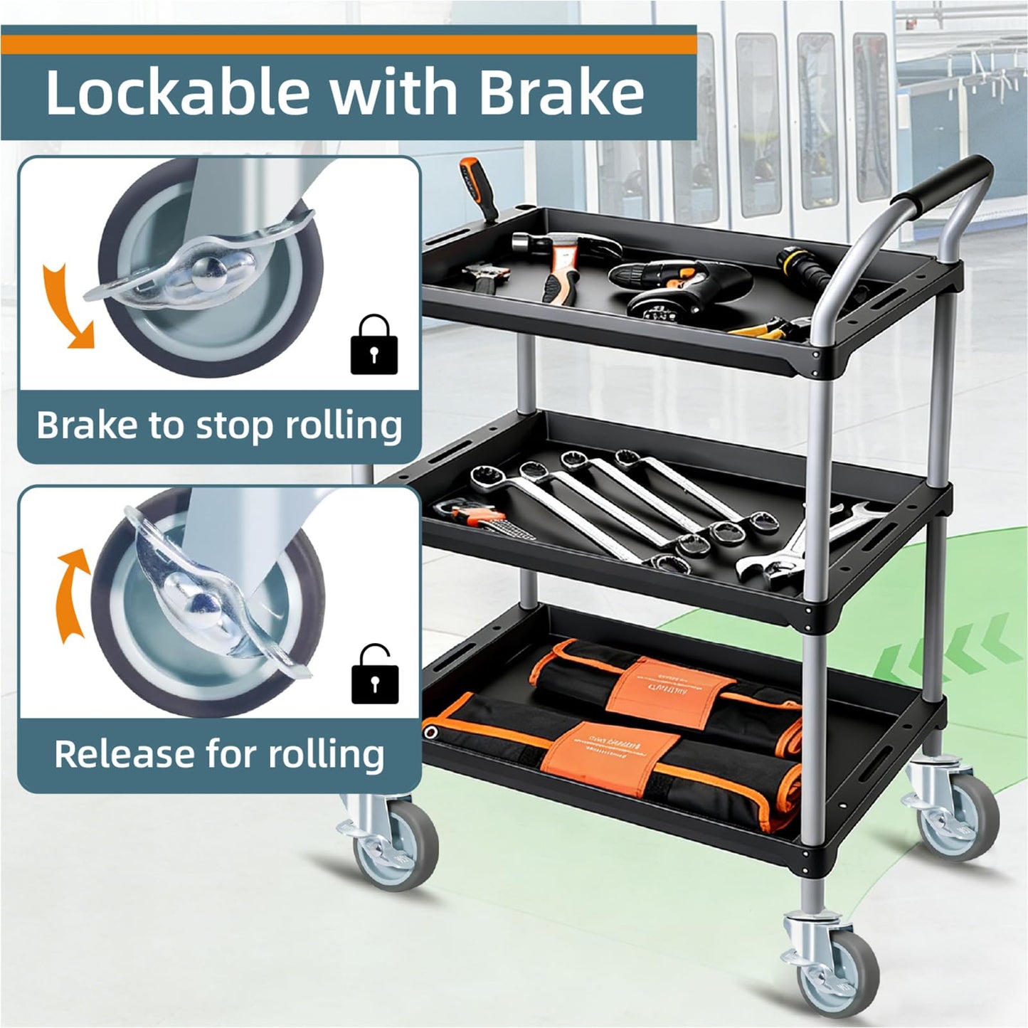 LSWhee 3-inch Threaded-Shaft Casters (Set of 4) with Dual-Lock Brakes; Heavy-Duty TPR Swivel Casters for Wire Racks, Workbenches, Tool Carts, and Storage Racks; 500-pound Load Capacity