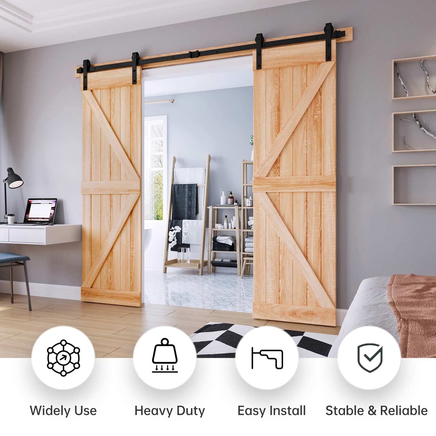 EaseLife 8 FT Double Door Sliding Barn Door Hardware Track Kit,Basic J Pulley,Heavy Duty,Slide Smoothly Quietly,Easy Install (8FT Track Kit for Double 24" Wide Door)