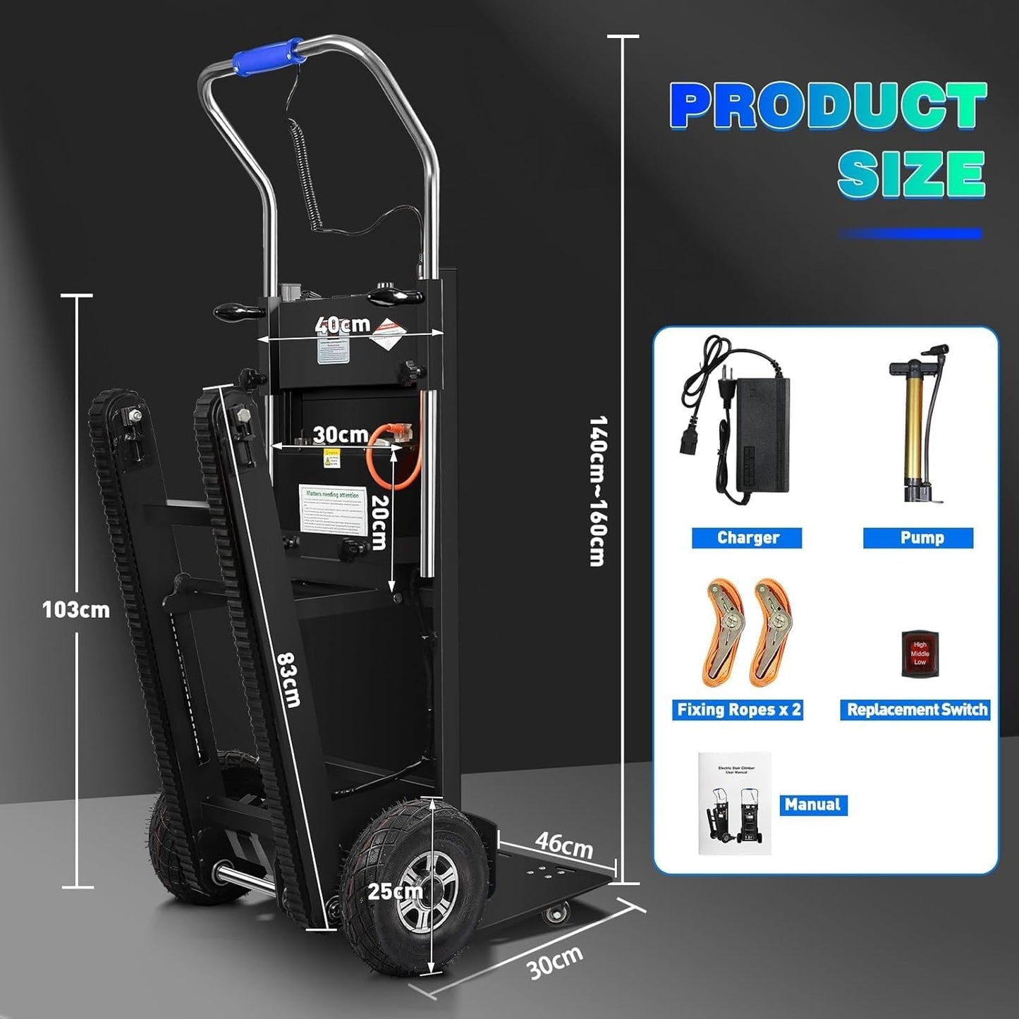 Electric Stair Climbing Dolly, Heavy Duty Stair Climber 900lbs Capacity 1250W Motorized Hand Truck with Ropes & Foldable Design for Moving Furniture