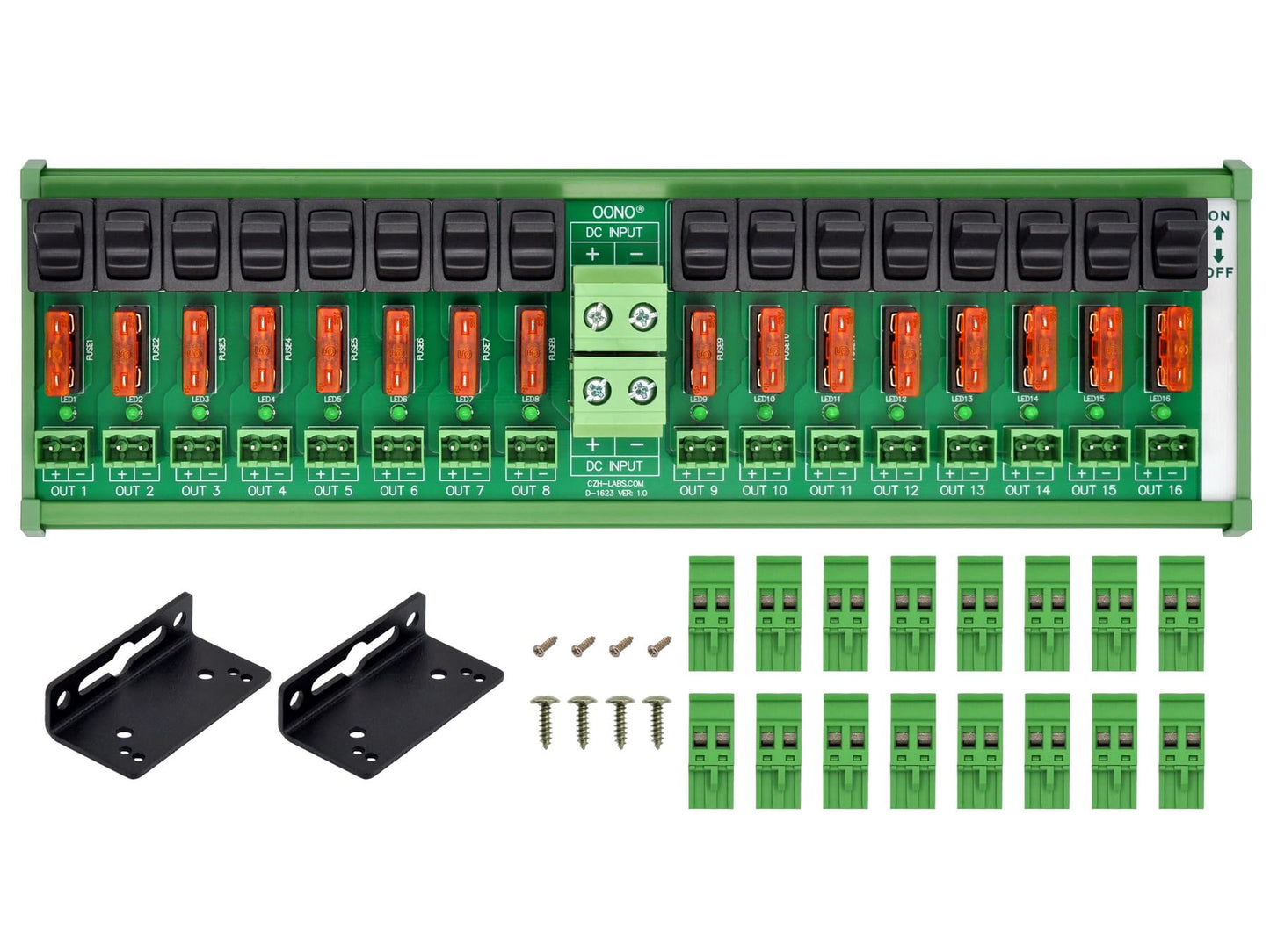 DC Power Distribution Module, Rocker Switch, Fused, Pluggable Top Wiring Terminal Block, DIN Rail and Screw Mount (16 Channel)