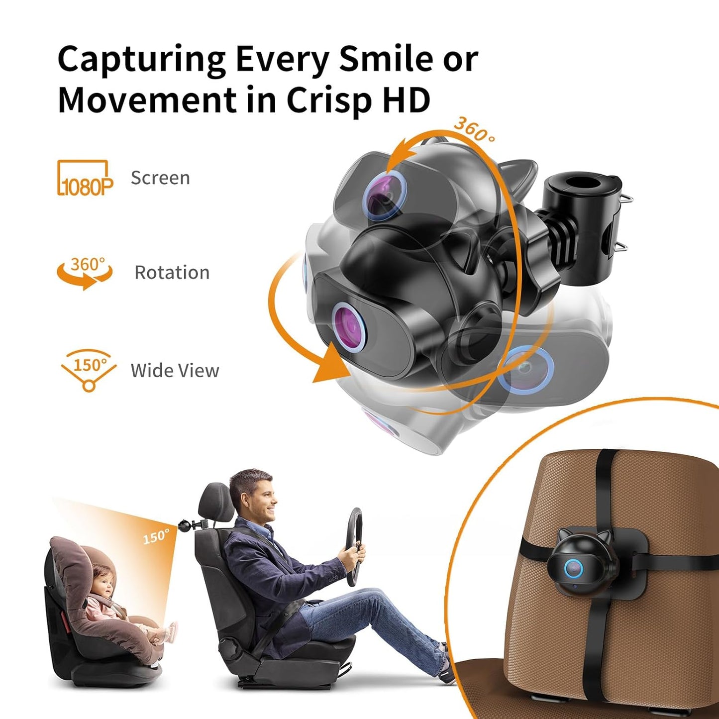 Setup 4.3'' 1080P 4X Zoom,10 360 Baby Car Camera,Plug and Play Easy HD Car Baby Monitor with Lullabies, Auto IR Night