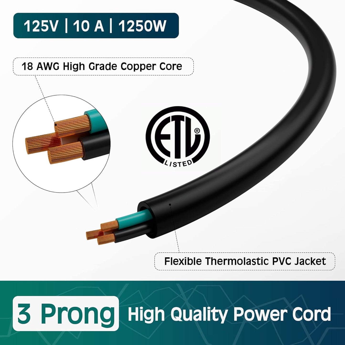 Elecan 3-Prong 10 Ft/2 Pack, 18AWG 125V 10A, Replacement Power Cord Heatproof Flexible Durable AC Device Power Cable