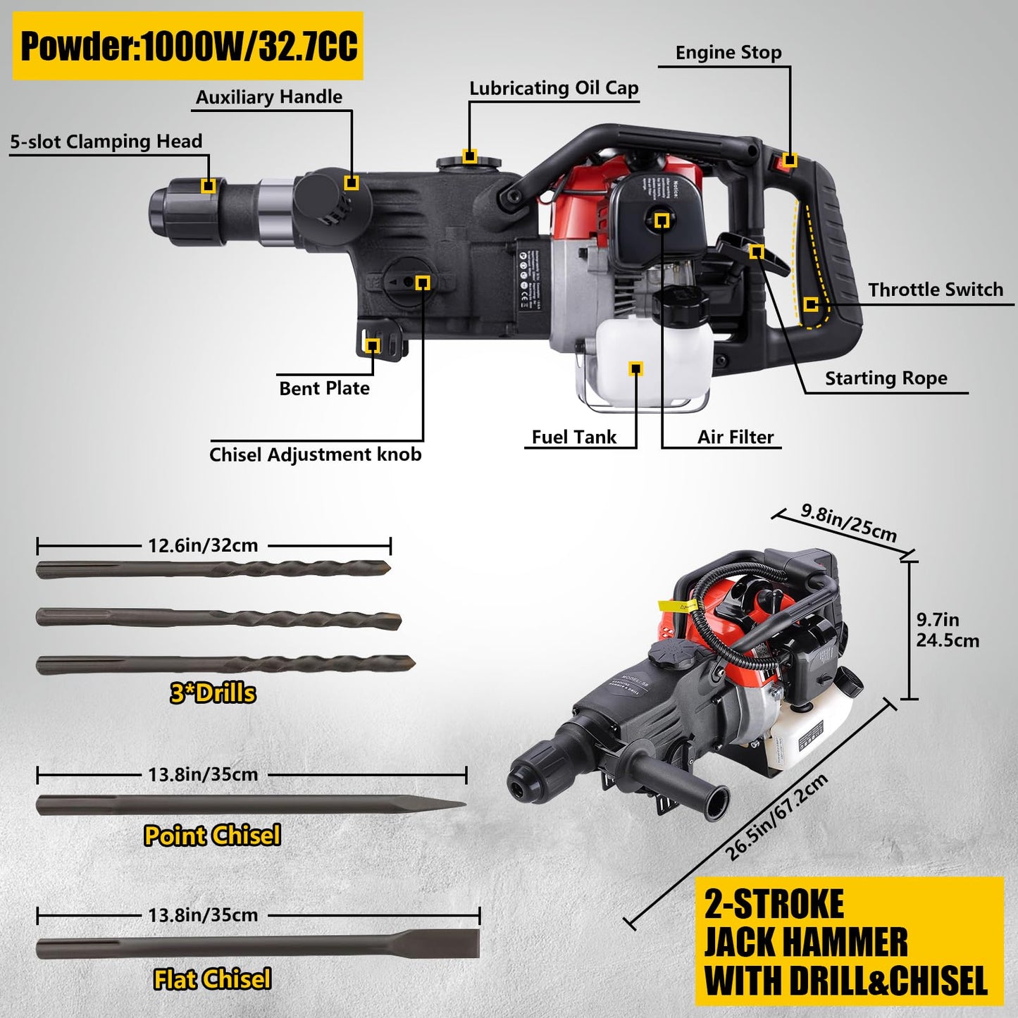 DEVALLEY Demolition Jack Hammer 33CC 2-Stroke Gas Powered Jack Hammer with Air Cooling System Hand Pull Start Gasoline Concrete Breaker Hammer for Hammering, Slotting,Drilling,Crushing