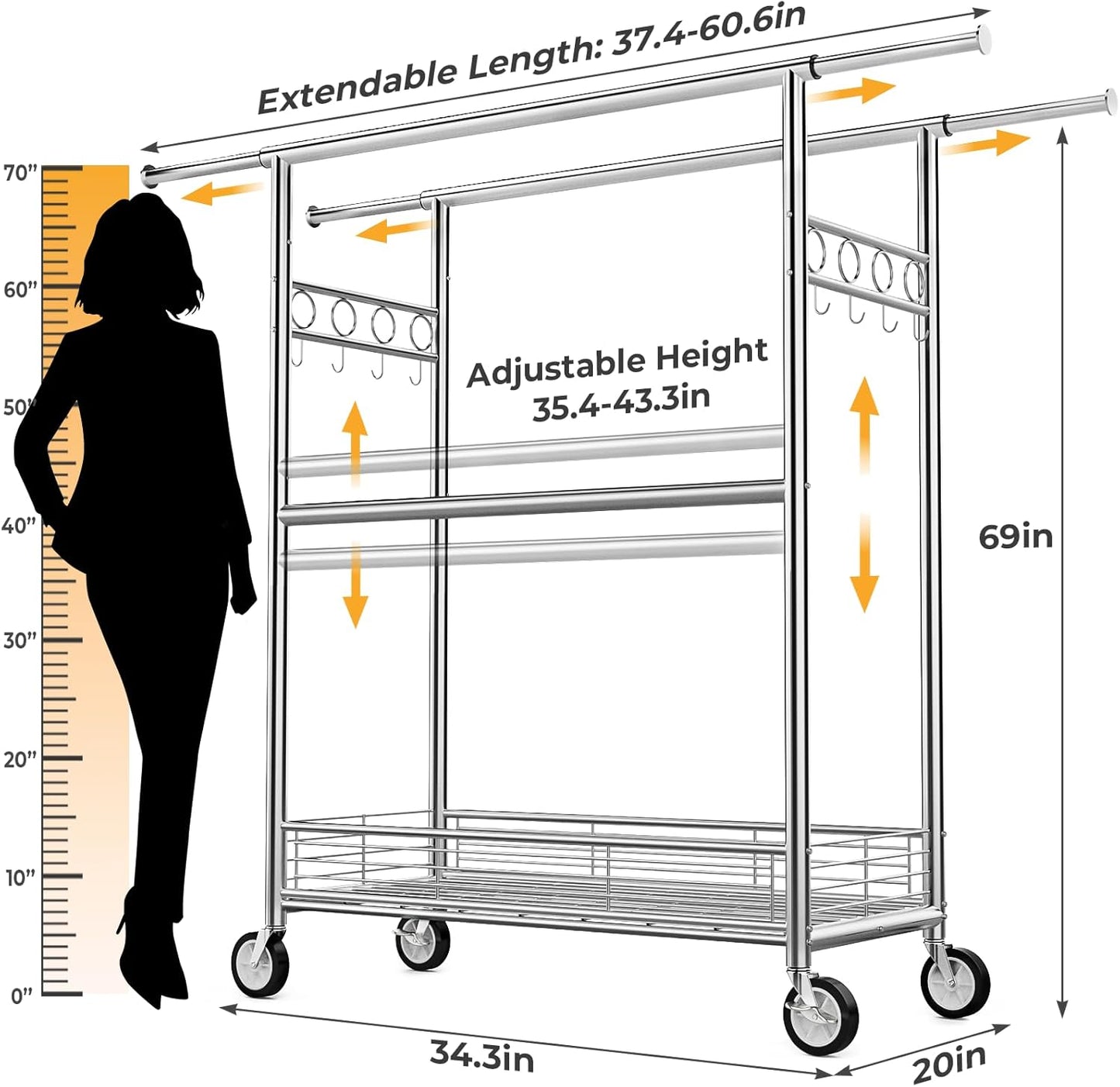 Regine Switzerland Heavy Duty Clothes Rack - 960LBS Capacity, Adjustable & Portable with Wheels, Silver