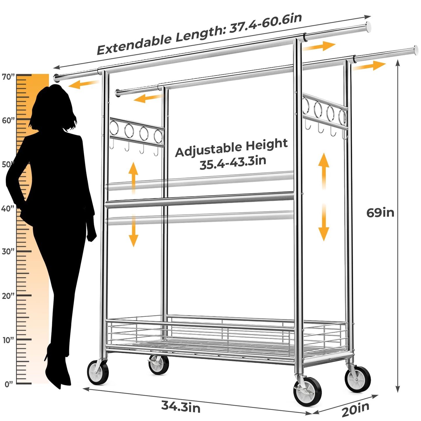 Heavy Duty Clothes Rack Load 960LBS, Three Rods Rolling Clothing Racks for Hanging Clothes, Rolling Garment Rack With Sturdy Wheels Shelves Hooks, Portable & Adjustable Commercial Garment Rack, Silver