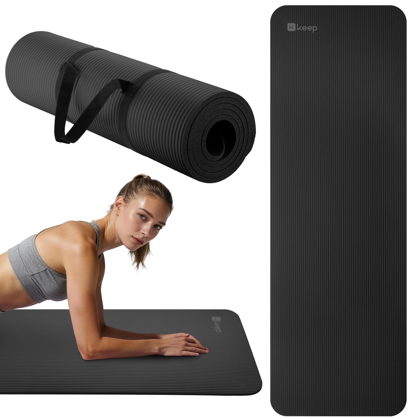 KEEP Extra Thick NBR Yoga Mat for Women & Men, 10mm Thick, 72”x24” Large Exercise Mat with Non-Slip Workout Mat for Yoga, Pilates, Stretching, Meditation – Wide & Cushioned Fitness Mat,Black