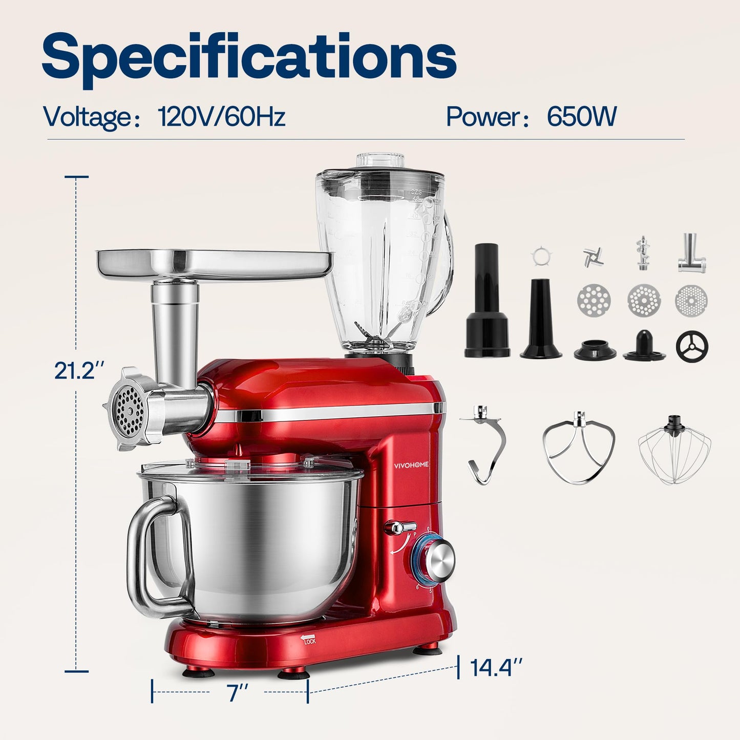 VIVOHOME 3-in-1 Stand Mixer, 6 Quart Electric Tilt-Head Kitchen Mixer with Bowl, Multifunctional Food Mixer with Meat Grinder and Blender Attachments, Dough Hook, Beater, and Whisk, Red