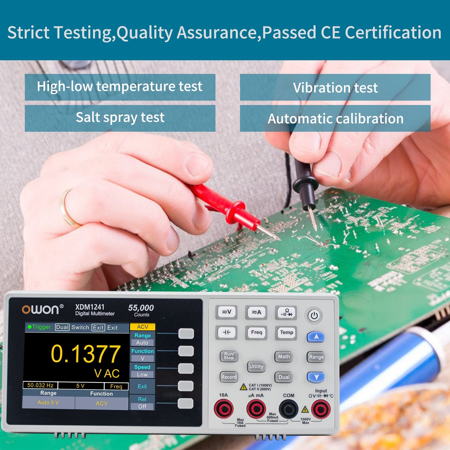 OWON XDM1241 Portable Digital Multimeter,3.5in Desktop Digital Multimeters, 55000 Counts LCD True RMS Temperature Tester Meter for Instruments and Laboratories, Factories