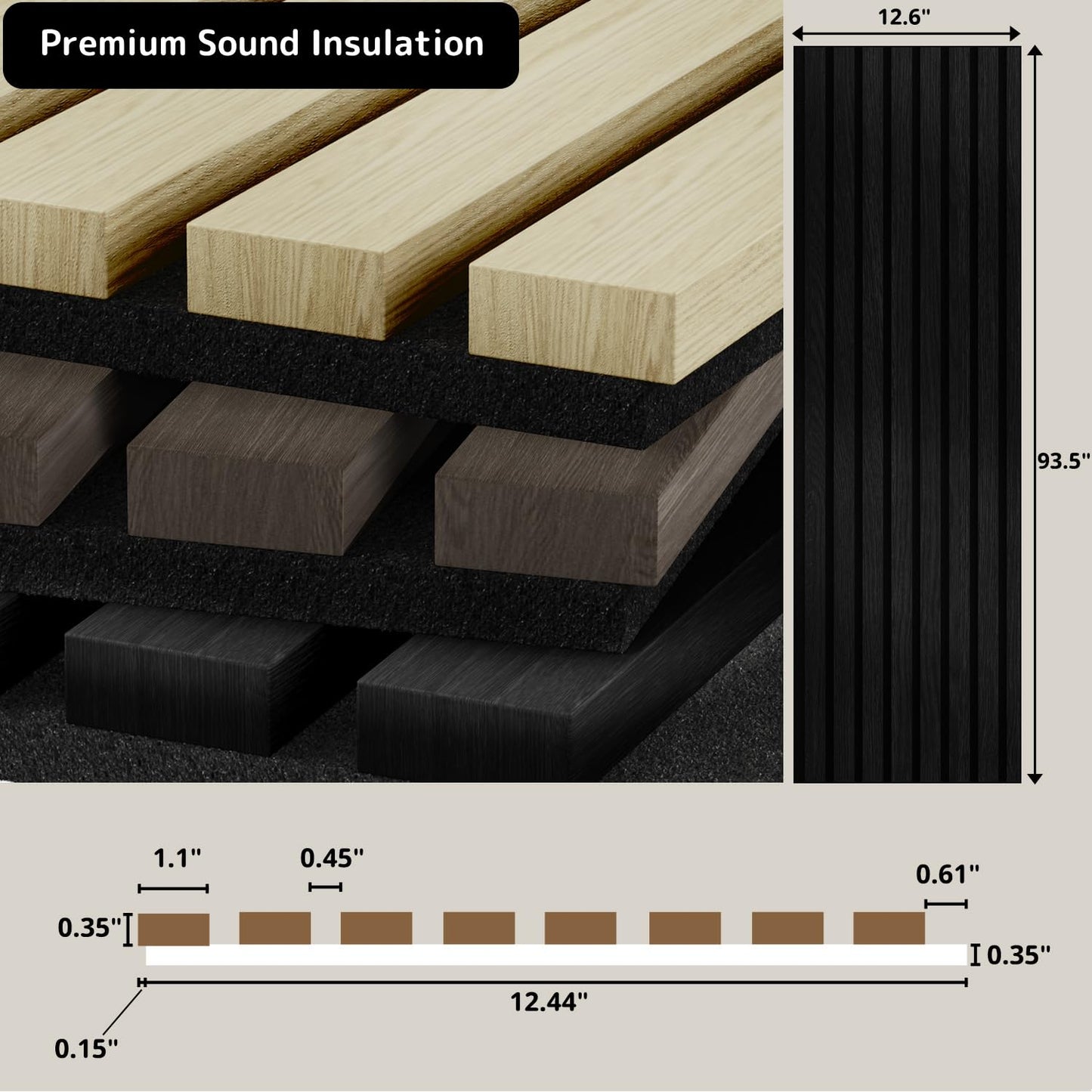 Sunny Heart Solid Wood Slat Panels for Wall 2-Piece 93.5" x 12.6" Acoustic Panels for Interior Wall Decor Noise Cancelling Soundproof 3D Fluted Sound Absorbing Panel Black