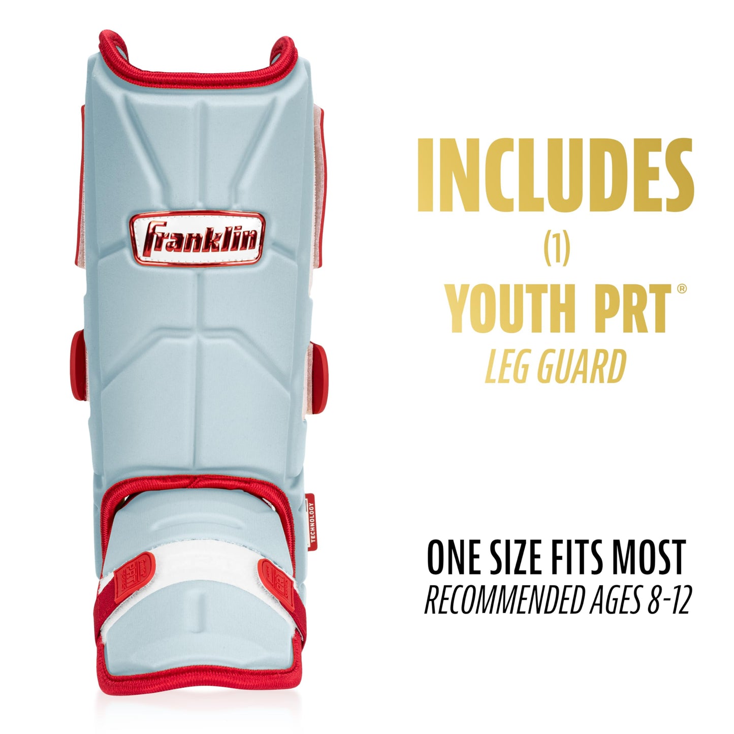 Franklin Sports Baseball + Softball Leg Guard - PRT Series Youth Shin + Foot Shield for Batting - Protective Leg + Ankle Guard with Toe Plate - Right Hand + Left Hand Hitters - Caroline Blue/Red