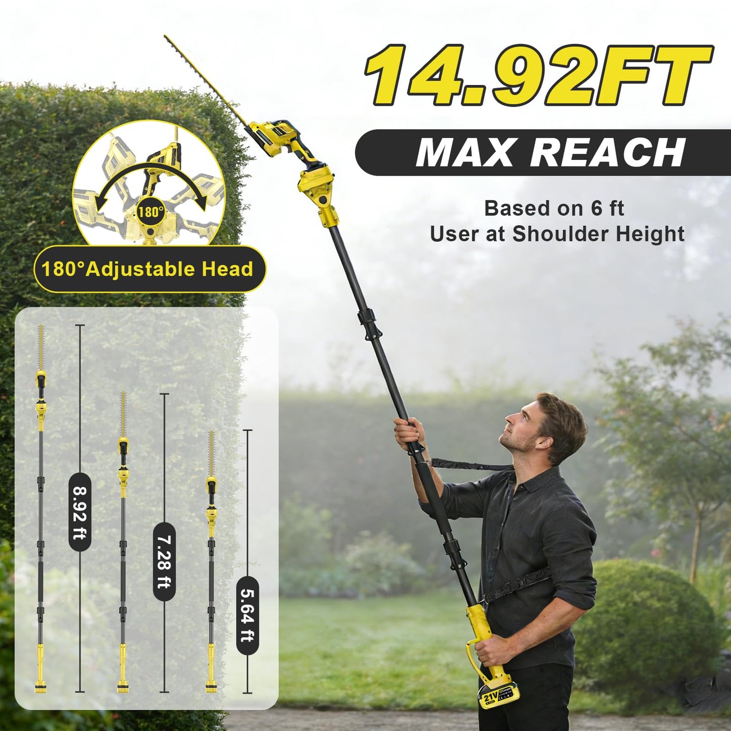 6-IN-1 Cordless Pole Saw & Pole Hedge Trimmer, Dual 4.0Ah Batteries, 8" Brushless Pruning Saw& 16" & 6" Electric Hedge Trimmer Grass Shears, Bush Trimmer, 14.8FT Reach Electric Tree Trimming Kit