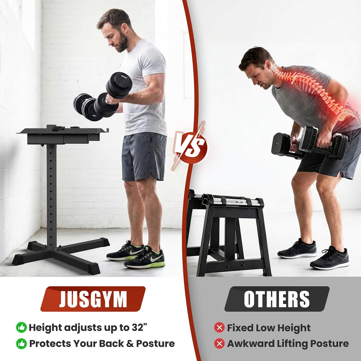 Jusgym Adjustable Dumbbell Stand, 35" Height Adjustable Dumbbell Rack, 300LBS Capacity Home Gym Storage Rack with 90°Rotating Platform（Rack Only）