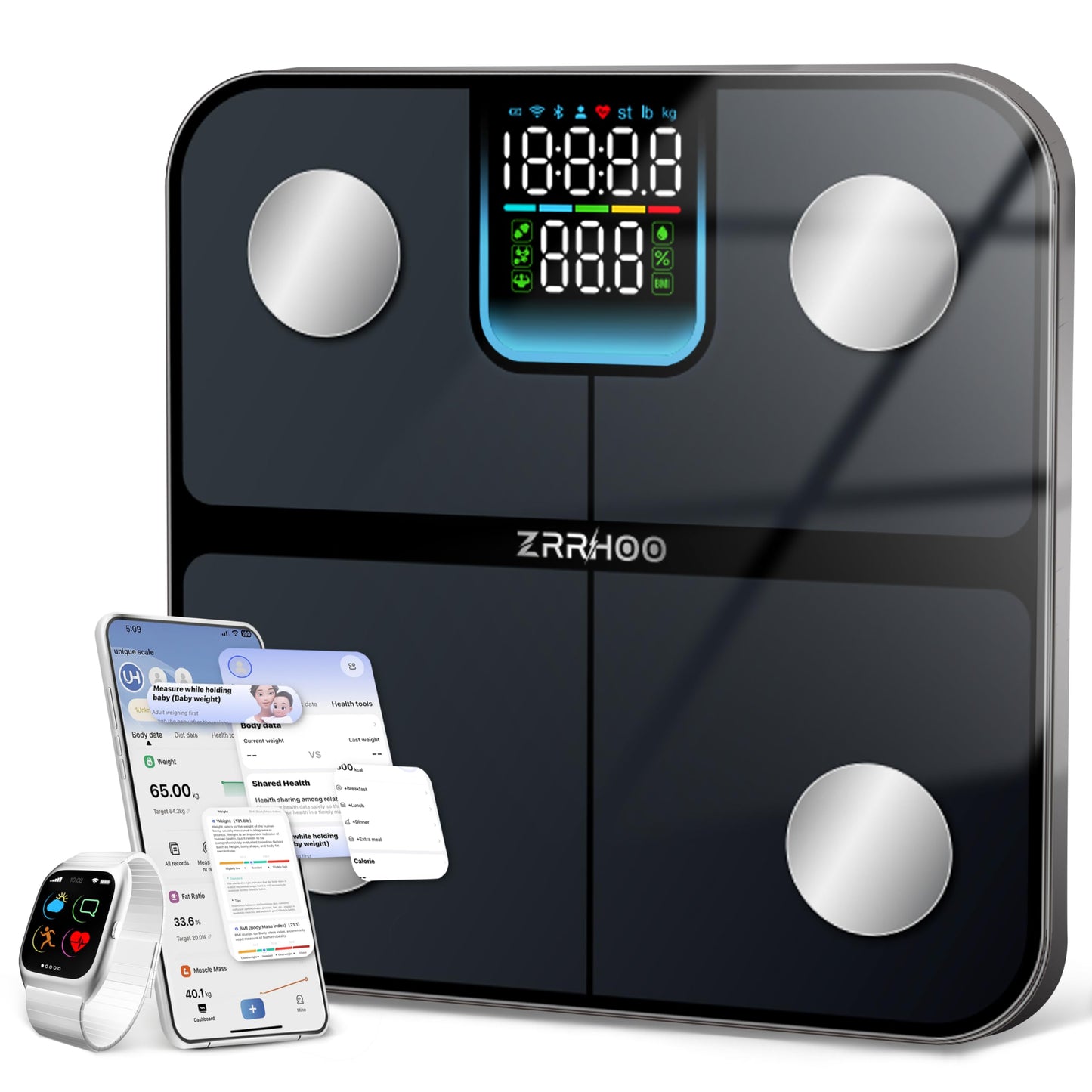 ZRRHOO Smart Scale Body Weight, Bathroom Scale for Weight with 7-in-1 Display, Scale for BMI, Body Fat, Muscle Mass, 25 Body Composition Bluetooth Weight Scale for Health Monitoring with APP, 400lb