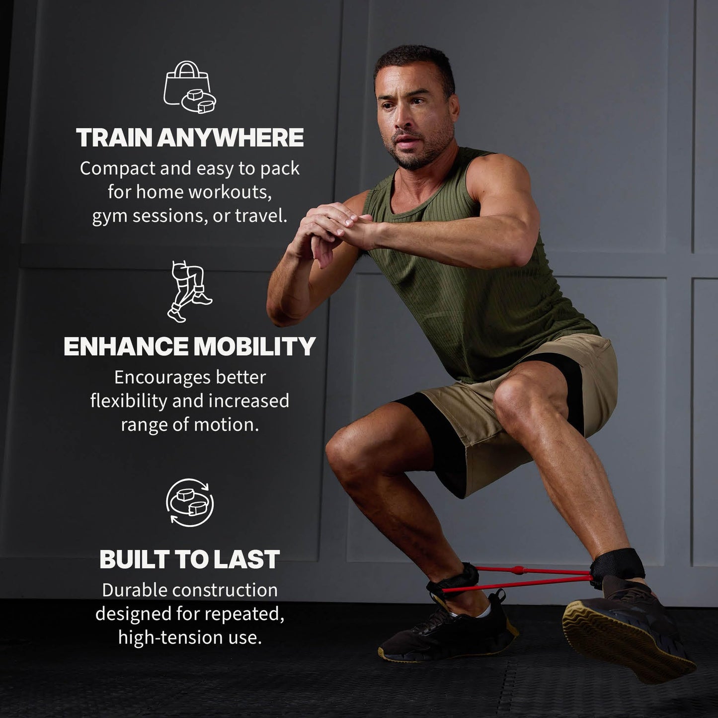 SPRI Xercuff Leg Resistance Band Exercise Cord with Non-Slip Padded Ankle Cuffs, Red, Medium