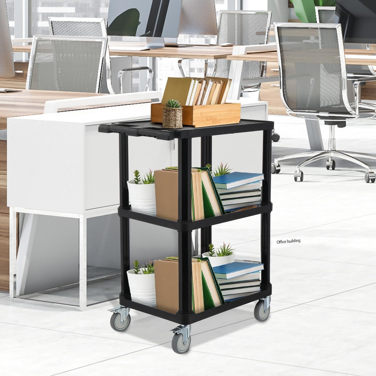 Leadzm 3-Tier Plastic Flat Utility Cart, Commercial Rolling Service Cart on Wheels with Braker, Multi-Function Handle and Large Capacity Storage, Perfect for Warehouse Garage Office, Black