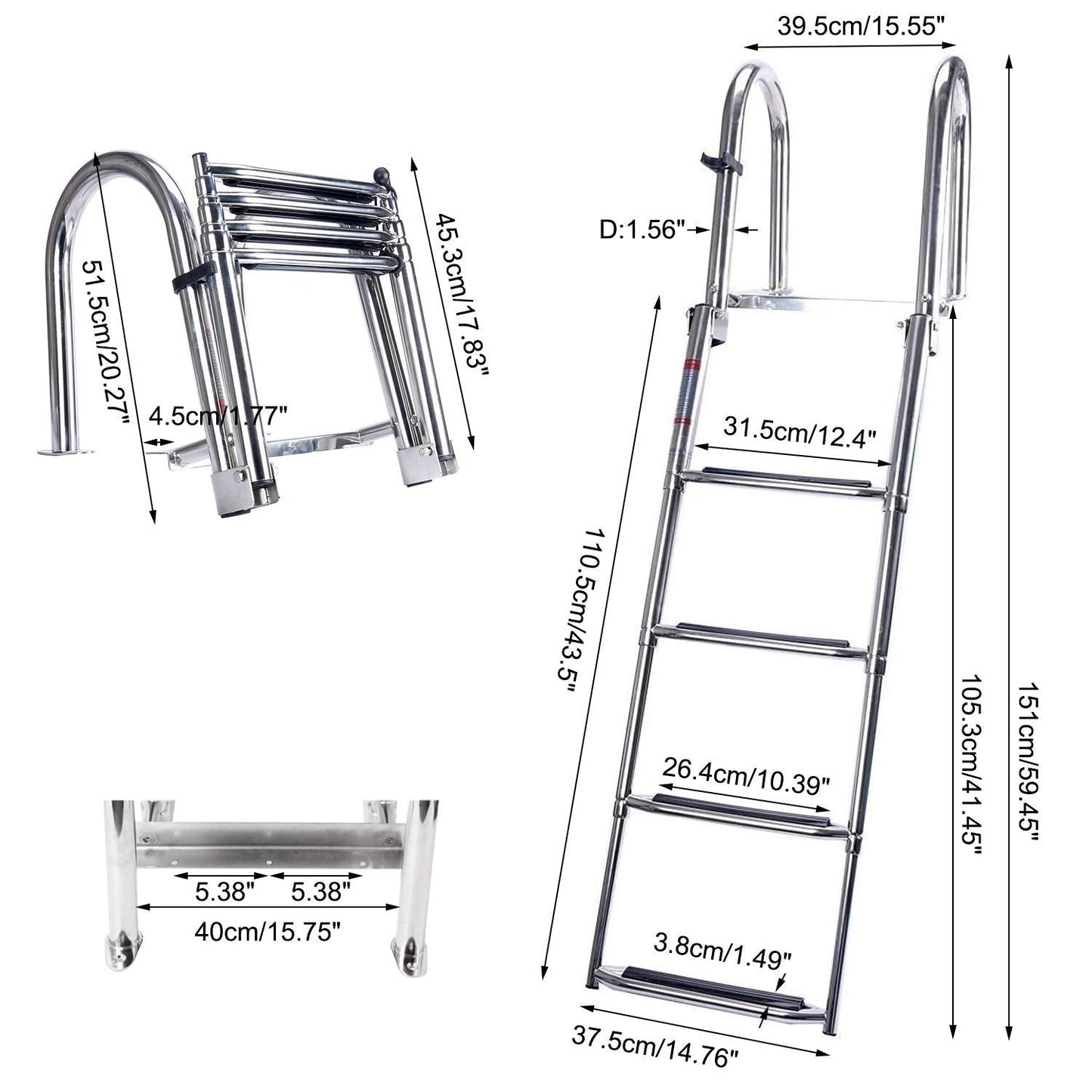 Amarine Made 4 Step Pontoon Boat Ladder Foldable Stainless Steel Marine Rear Entry Telescoping Ladders with Wide Steps Swim Deck Laddes with Pedal Hand Railing,Retaining Strap