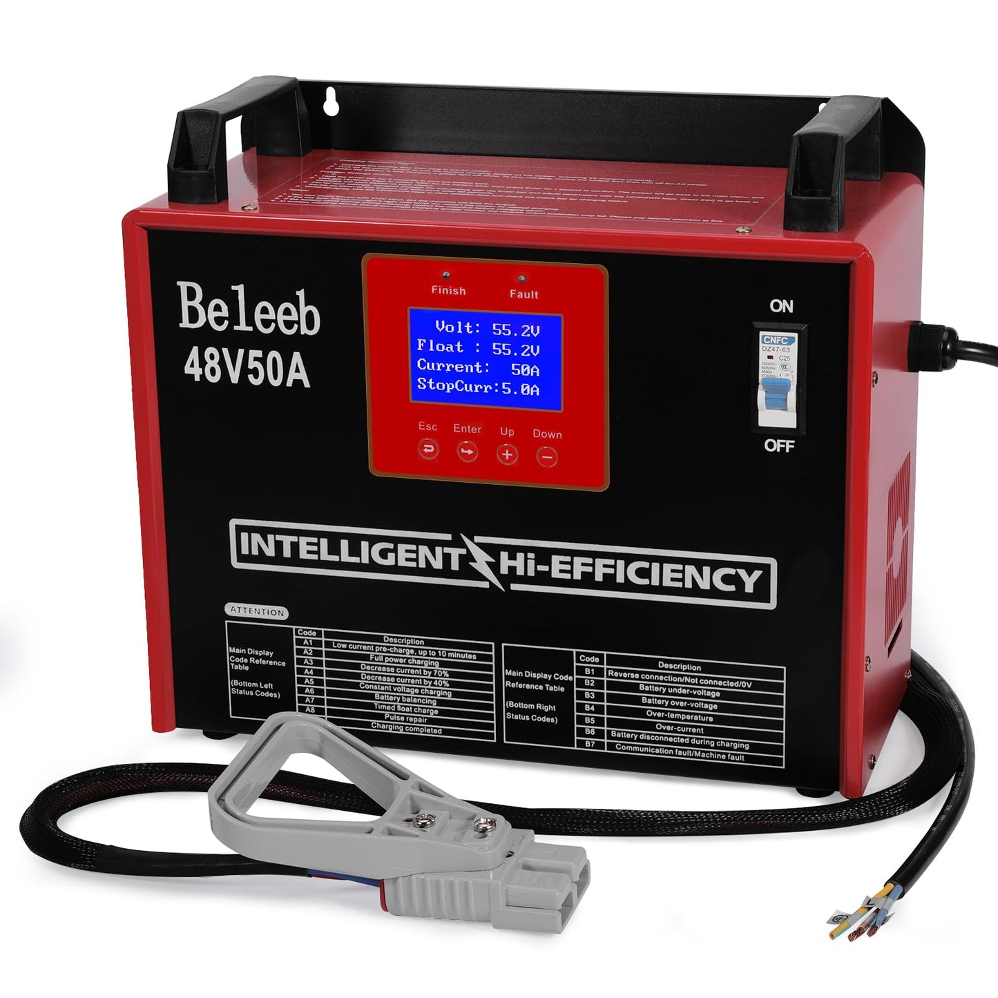 Beleeb 48V 50A Adjustable Battery Charger, Intelligent Charger for Lead-Acid & LiFePO4 Lithium Batteries, 240V AC Hardwired Charger for Forklifts, Golf Carts, Sightseeing Cars, Energy Storage Systems