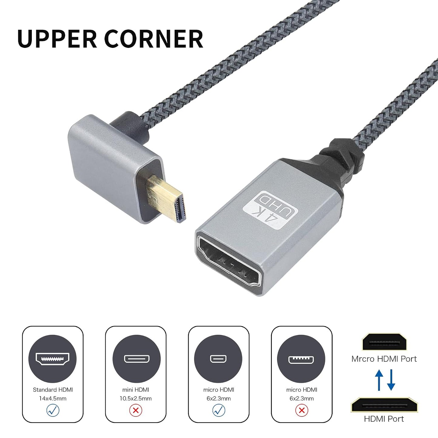 RIIEYOCA 4K Cable,90 4K etc.(20cm) Micro HDTV to HDTV Adapter Degree Up Angle Micro Male to Female Aluminum Short Nylon