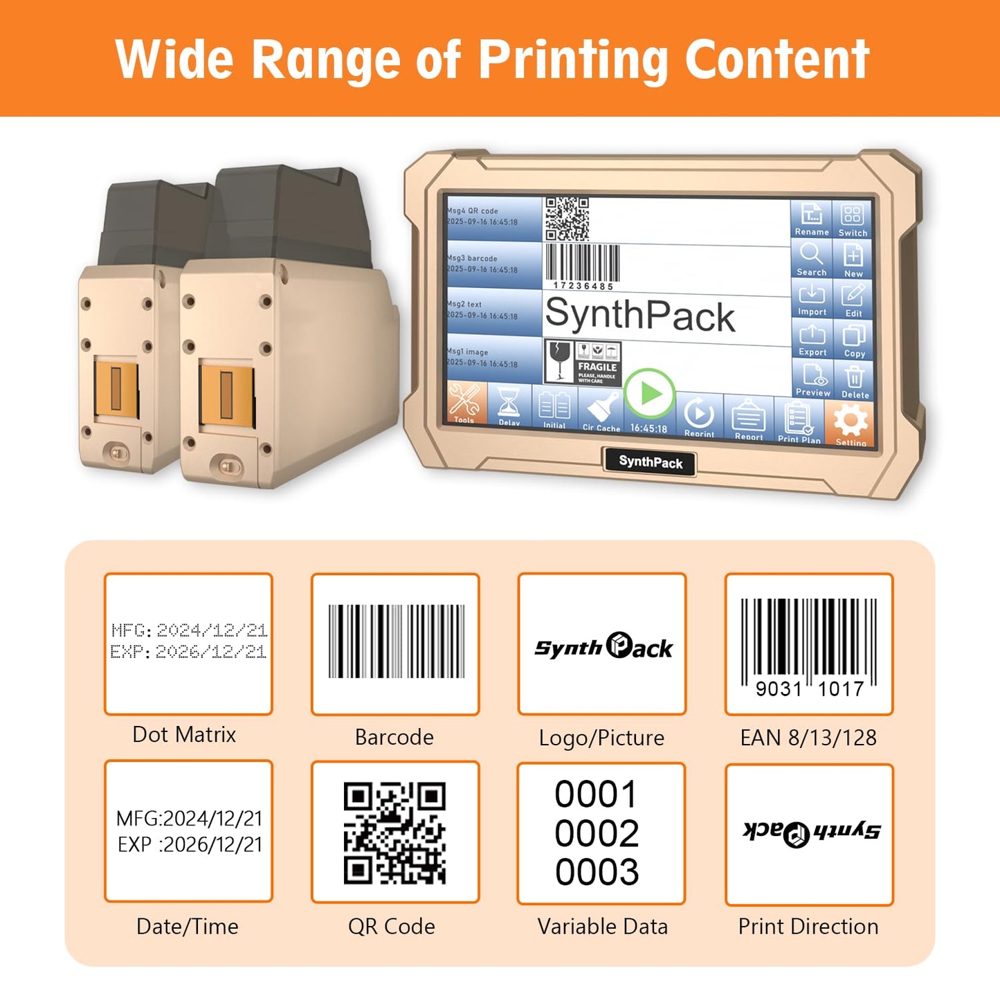 SL1 Automatic Online Inkjet Coding Machine, 100m/min Thermal Inkjet Printer for Production Line, 1200DPI, with Two SY05 0.5inch Ink Cartridges for QR Code Barcode on Carton Plastic Metal(2 Nozzles)