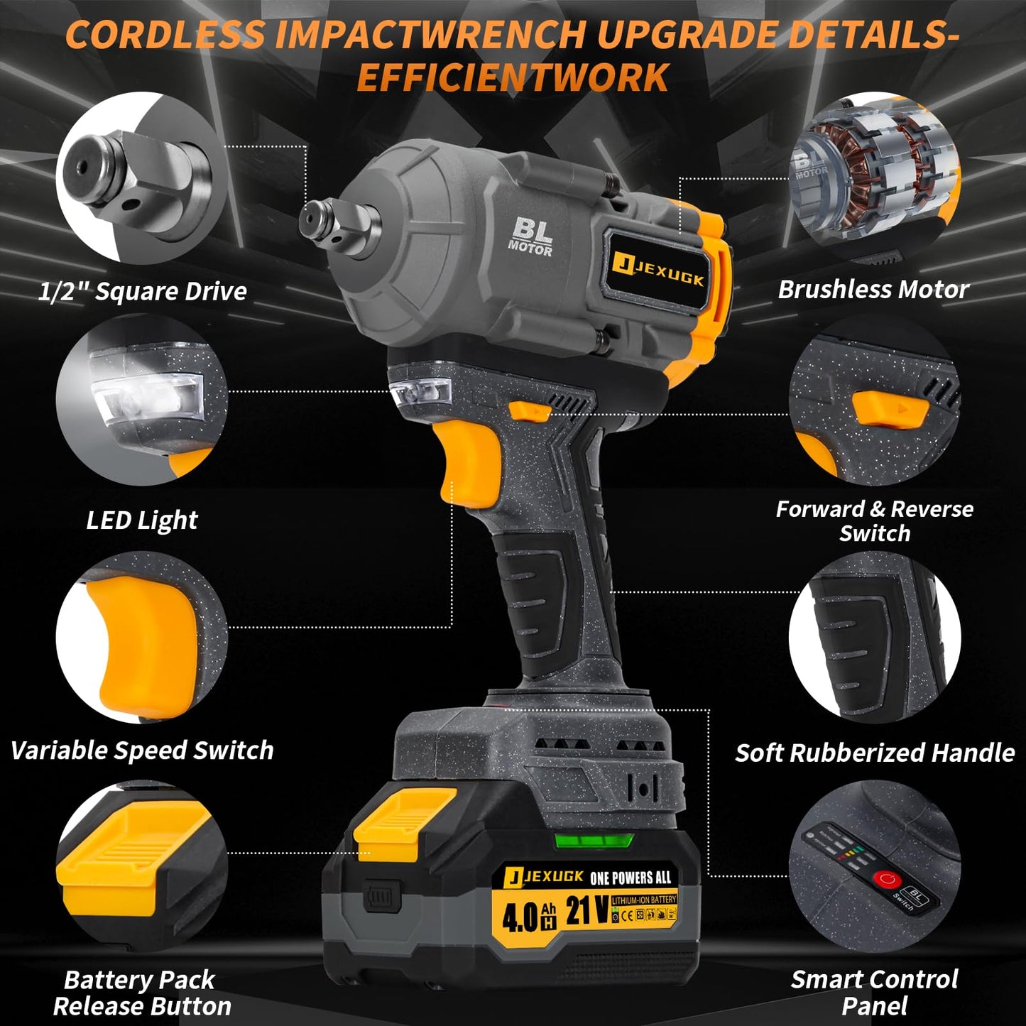 JEXUGK 1500Nm Impact Wrench, 1/2" 1107ft-lbs Cordless Impact Gun with 2 x 4.0Ah Battery, 21V High Torque Power Impact Driver with 6 Sockets,Pistola Llave De Impacto for Truck RV Car Heavy Construction