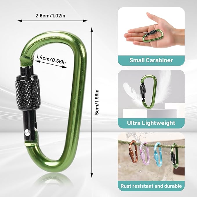 Multi-Pack Aluminum Carabiner Clips, 2" Ultra-Light Spring & Locking for Key,Hiking, Outdoor Activities
