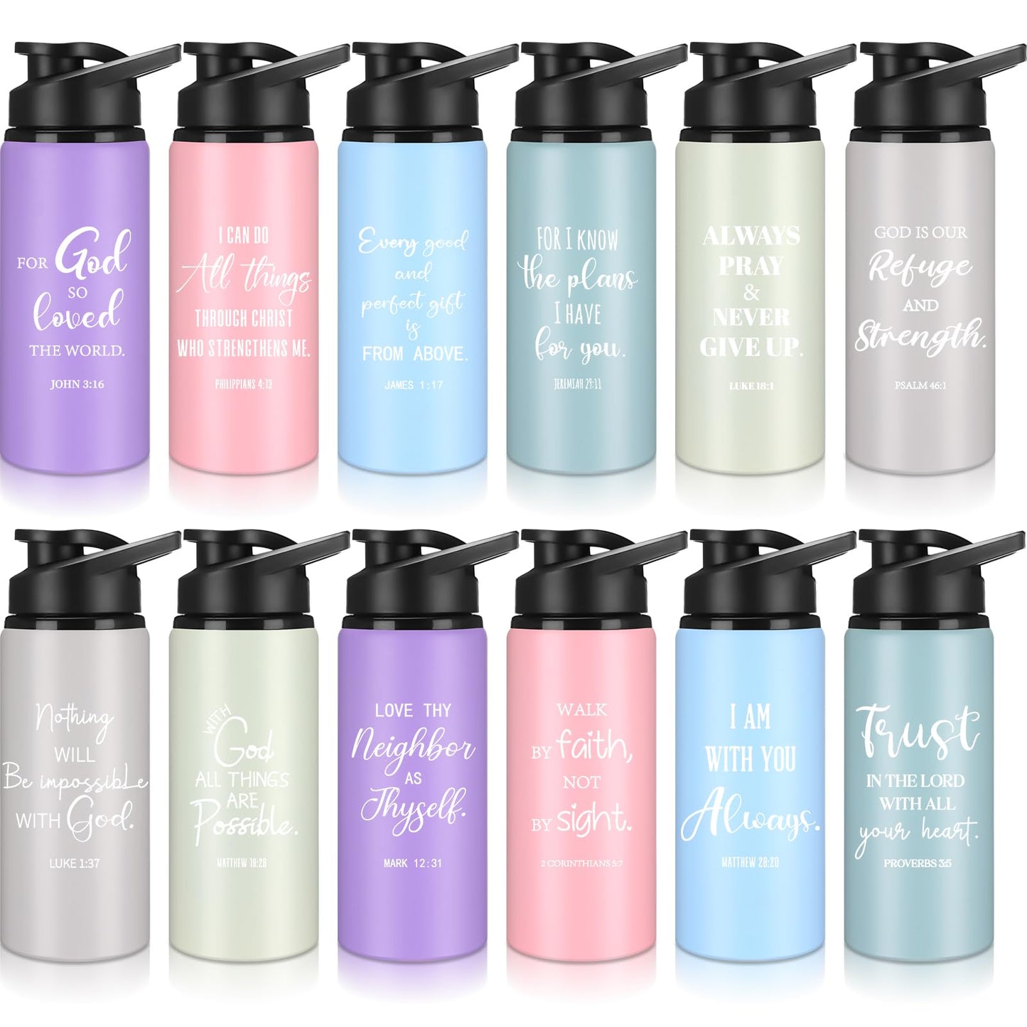 Reallnaive 12 Pieces Christian Religious Aluminum Water Bottles Bulk Snap Lids 20oz Morandi Colors Outdoor Leakproof Reusable Water Bottles for Travel Camping Hiking Fishing