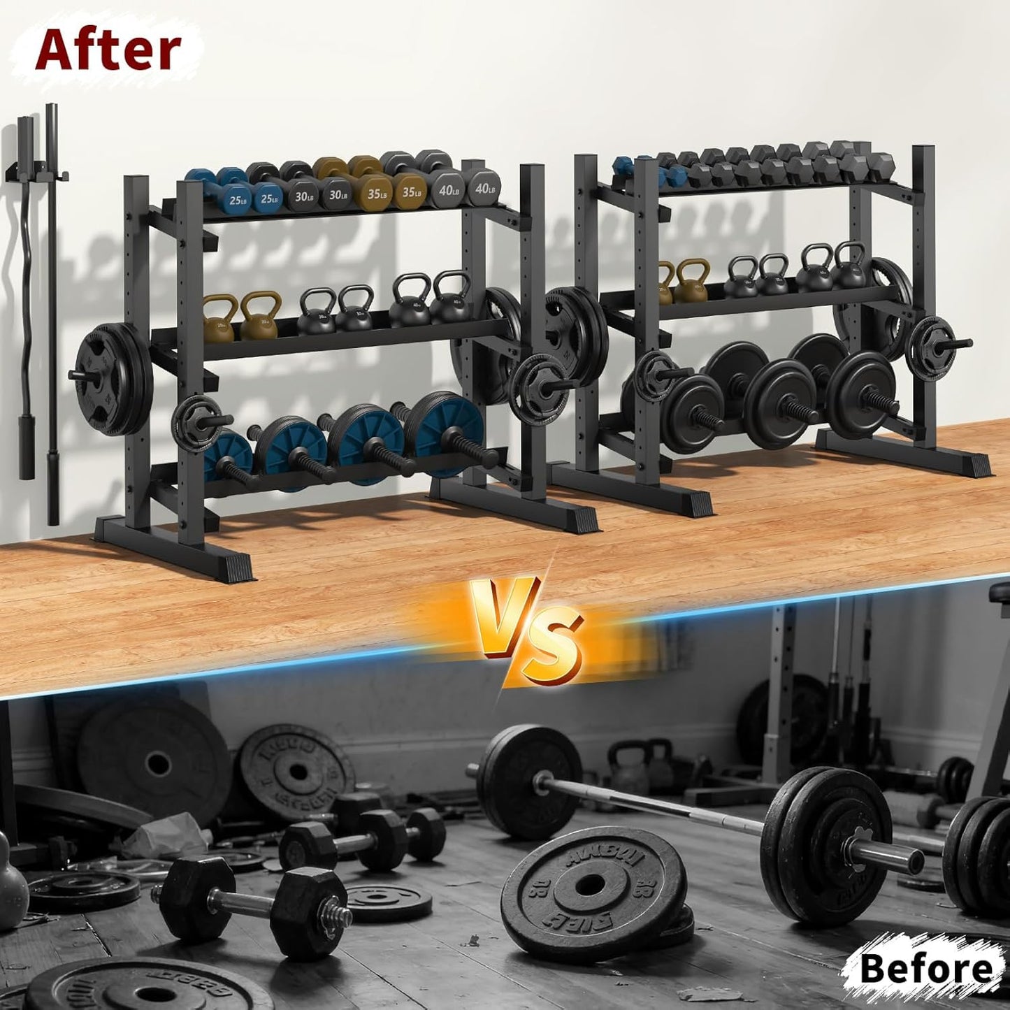3-Tier Professional Dumbbell Rack, Commercial Grade Dumbbell Storage Rack,1800LB Capacity with Barbell Holder, Adjustable Heavy-Duty Weight Rack for Home Gym, Weight Stand for Dumbbells, Kettlebells & Weight Plates (Rack Only)