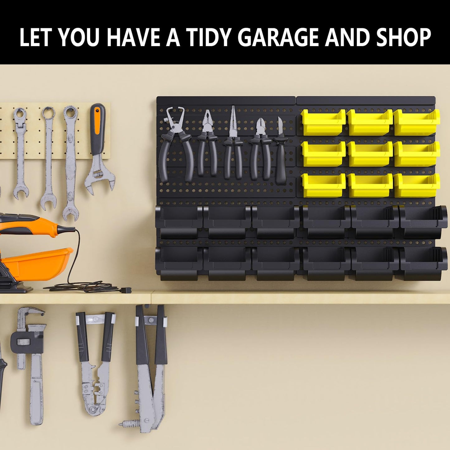 SAMRELAX 30 Pcs Wall Mounted Garage Storage Bins, Wall storage Parts Bins Rack, Nut and Bolt Garage Tool Organizer Bins for Nuts, Bolts, Screws, Shop, Accessories (Black+Yellow, SMALL(30PCS))