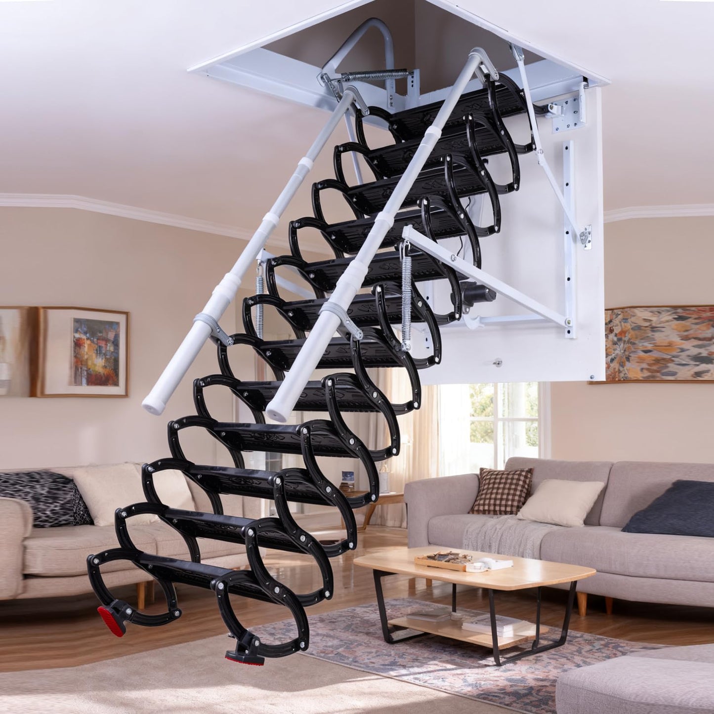 9.8ft Electirc Attic Ceiling Ladder, Pull Down Attics Ladder with Handrails, Folding Retractable Loft Ladders, Invisible Telescoping Attic Stairs, Extension Steps Staircase for Garage, Home, Basement