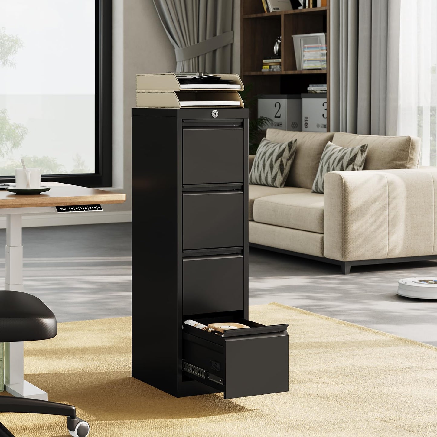 4 Drawer Vertical File Cabinet, Cold-Rolled Steel Locking Filing Cabinet with Anti-Tilt System, 330 Lbs Weight Capacity, Powder Coated Black, for Letter/Legal/A4/F4 Files, Home Office Commercial Use