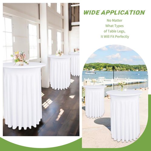 LOKUME 4 Pack Round Cocktail Table Skirts 32 x 43 Inch White Spandex Stretch Cocktail Tablecloth with Wavy Drapes Stretch Fitted Round High Top Table Covers for Wedding Bar Party Banquet