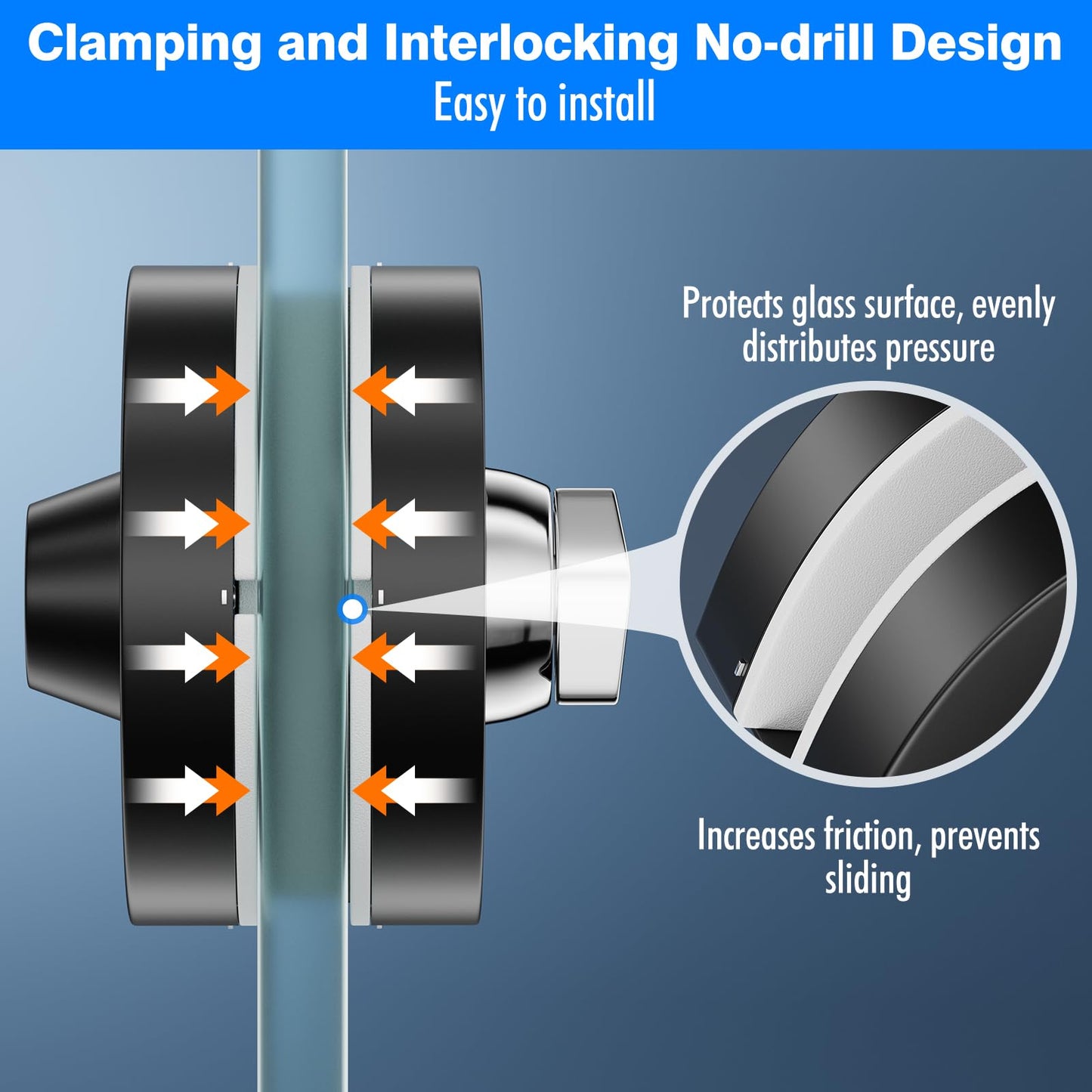Ranbo Frameless Double-Sided Glass Door Lock,Clamp-On No-Drill,304 Stainless Steel,for 3/8"–1/2"(10–12mm) Sliding Door—for Office,Storefront,3 Keys,Matte Black—Double Swing Door Floor Lock Required