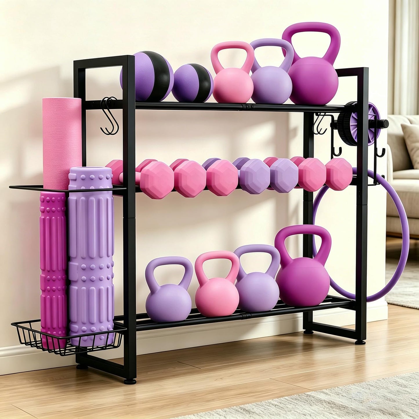 laapee 3-Tier Dumbbell Rack with 882 LBS Capacity, Multi-Purpose Weight Rack for Home Gym with Shelf and Movable Hooks, Weight Holder and Home Gym Storage Organizer for Dumbells Kettlebells Yoga Mat