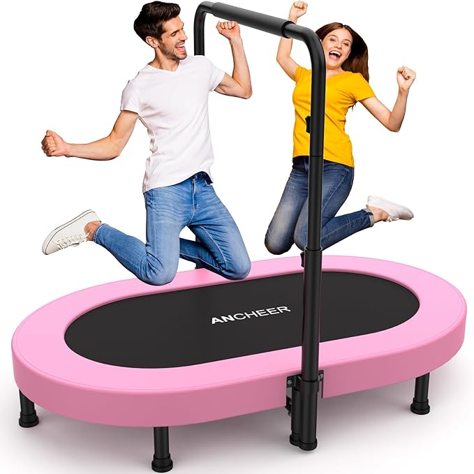 ANCHEER 56'' Foldable Mini Trampoline with Adjustable Handle - Indoor/Outdoor Rebounder for Kids & Toddlers Safe Oval Fitness Trampoline with Bar for Home Fun