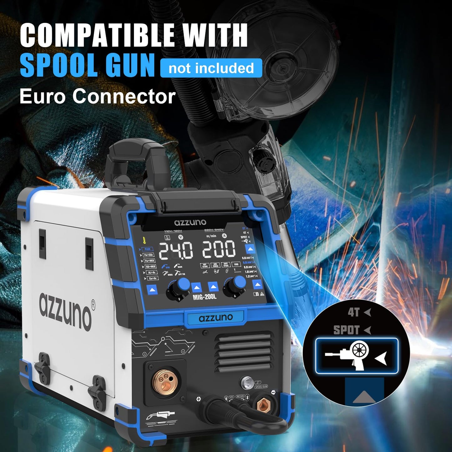 AZZUNO Aluminum MIG Welder 200A+Spool Gun, 110V/220V 8 in 1 Multi-process Welder Machine Aluminum MIG/Gas MAG/Gasless Flux Core MIG/Gas MIG/Spot MIG/Spool Gun Compatible/Lift TIG/Stick Welding