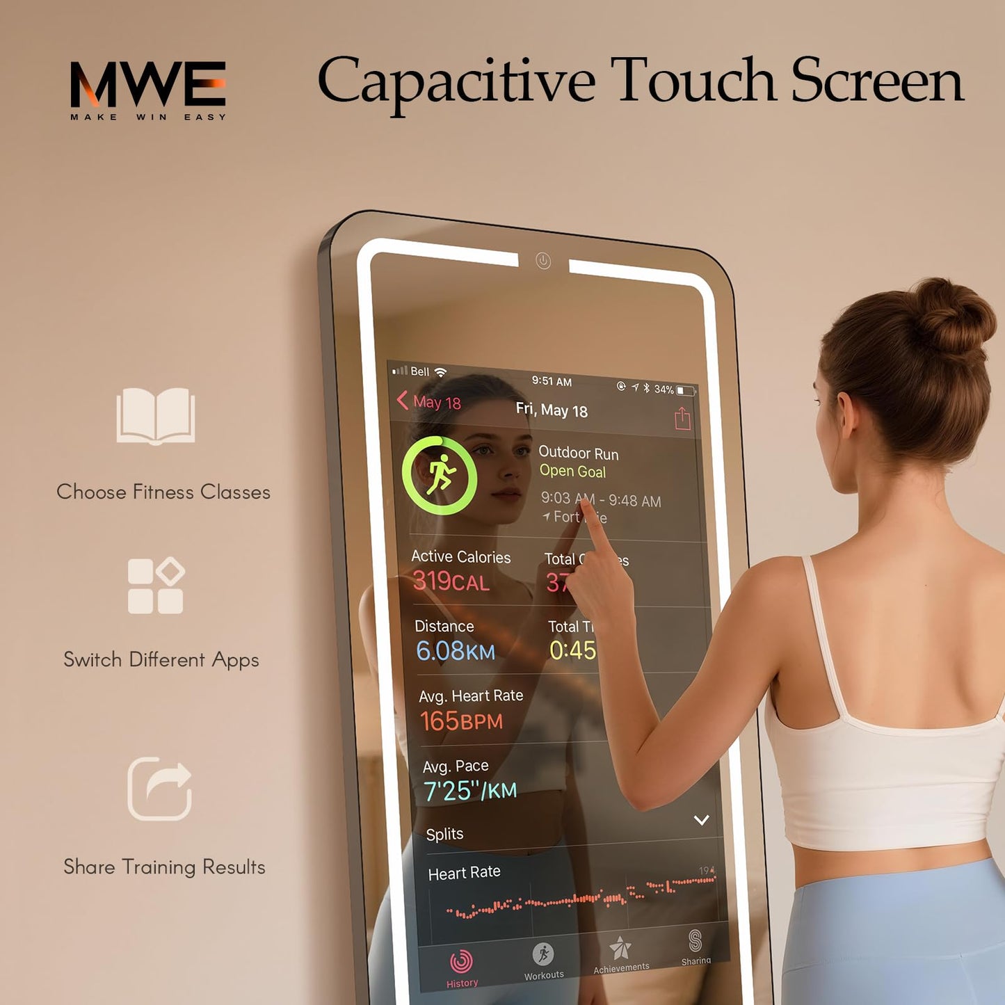 Smart Gym Mirror for Home Workout | 32" HD Touch-Screen Andriod 12 OS | 61" Reflective Surface | No VIP Fees Support Various APP, Voice Control, Music Sync LED Strip Lights, for Home Gym/ Yoga/ Dance