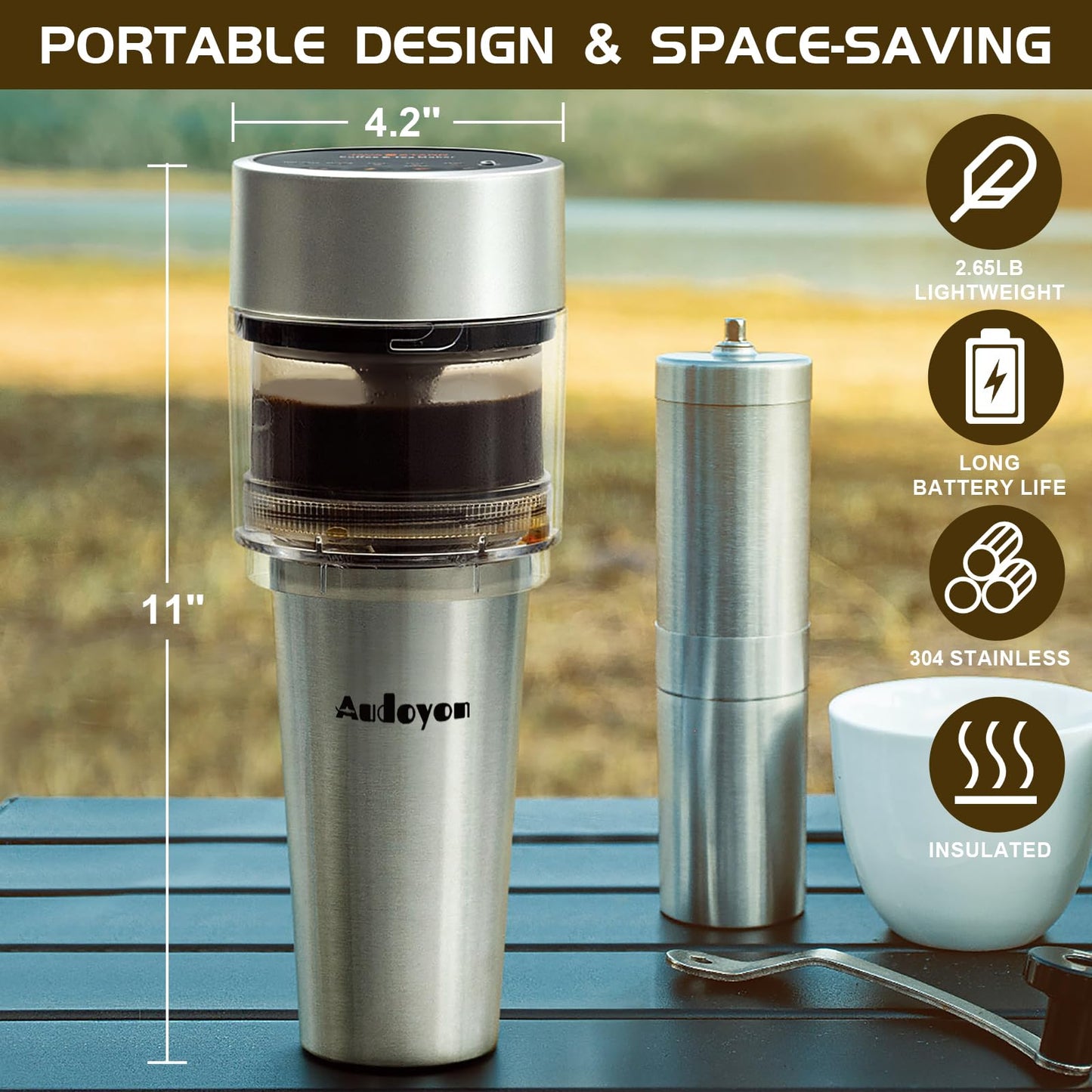Audoyon Portable Rapid Coffee Maker – 2-6 Min Quick Brew Electric Coffee & Tea Infuser Makes Smooth, Low-Acid Coffee, 16oz Stainless Steel Travel Cup for Camping, Office, Hiking, Beach, Hotel, RV