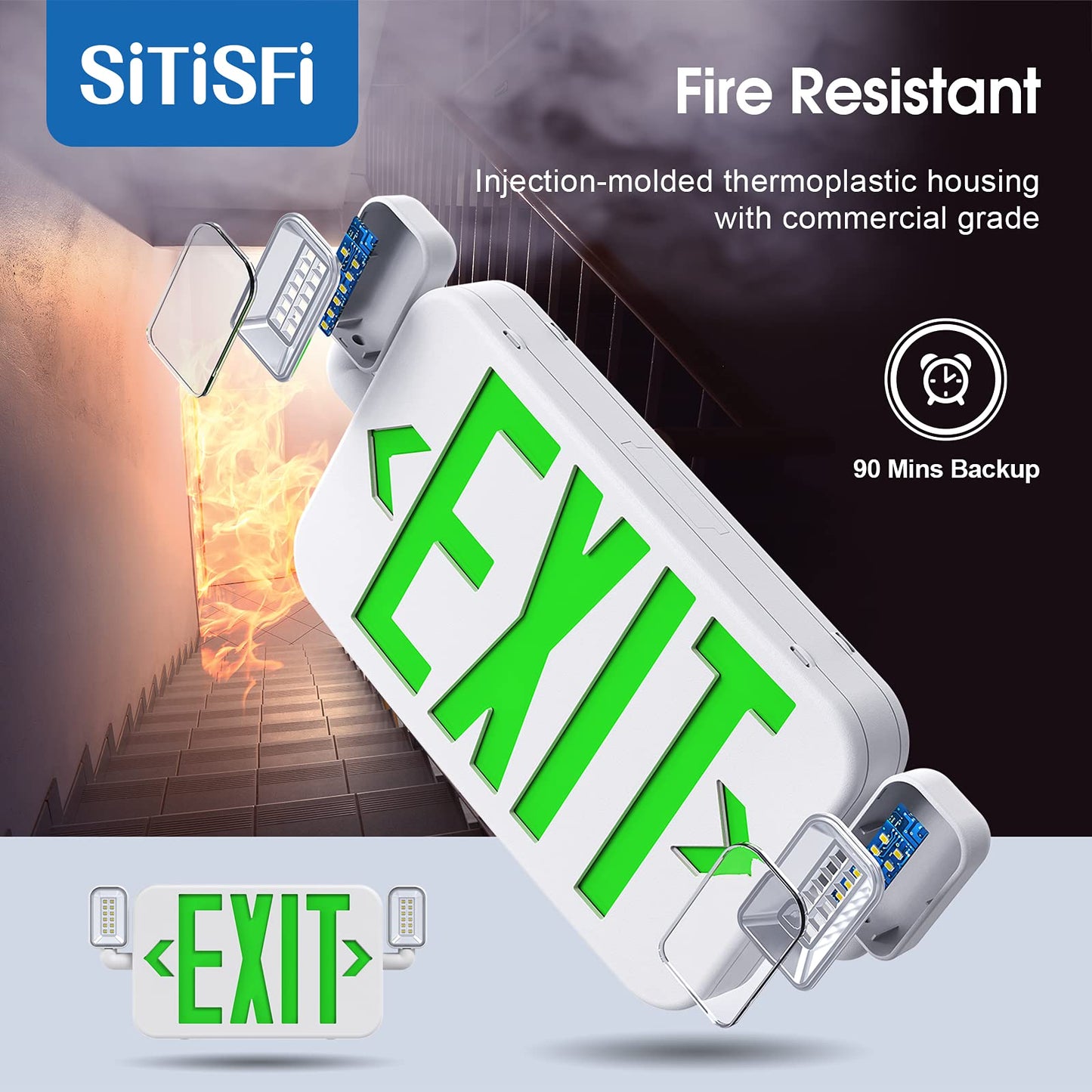 SITISFI Led Combo Emergency Exit Sign Light with Two Adjustable Head Lights and Backup Battery,US Standard Green Letter Commercial Emergency Exit Lighting,UL 924,120/277V (2Pack)