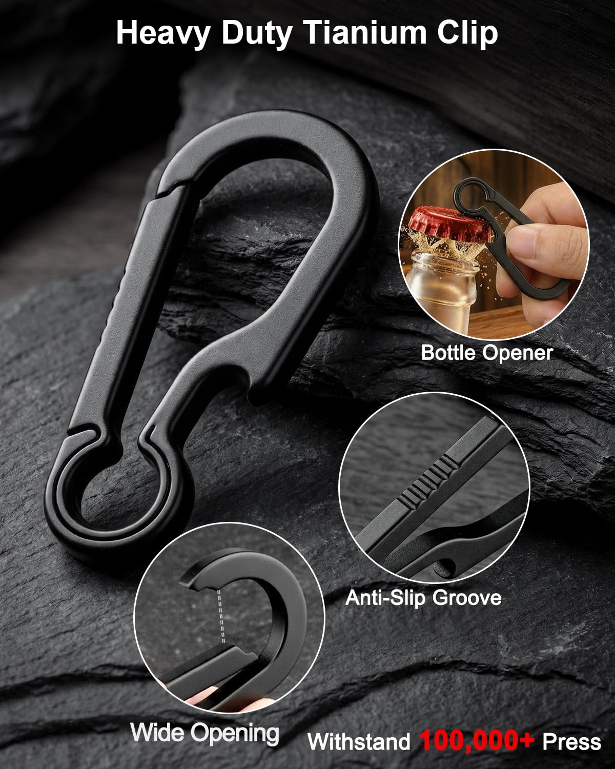 PJYTAC Titanium Carabiner Keychain Clip with Key Rings 2/2.6 Inch Small Carabiner Clips Black Heavy Duty Key Holder Quick Release Key Chain for Keys Bottle Opener Valentines Day Gift for Him Men