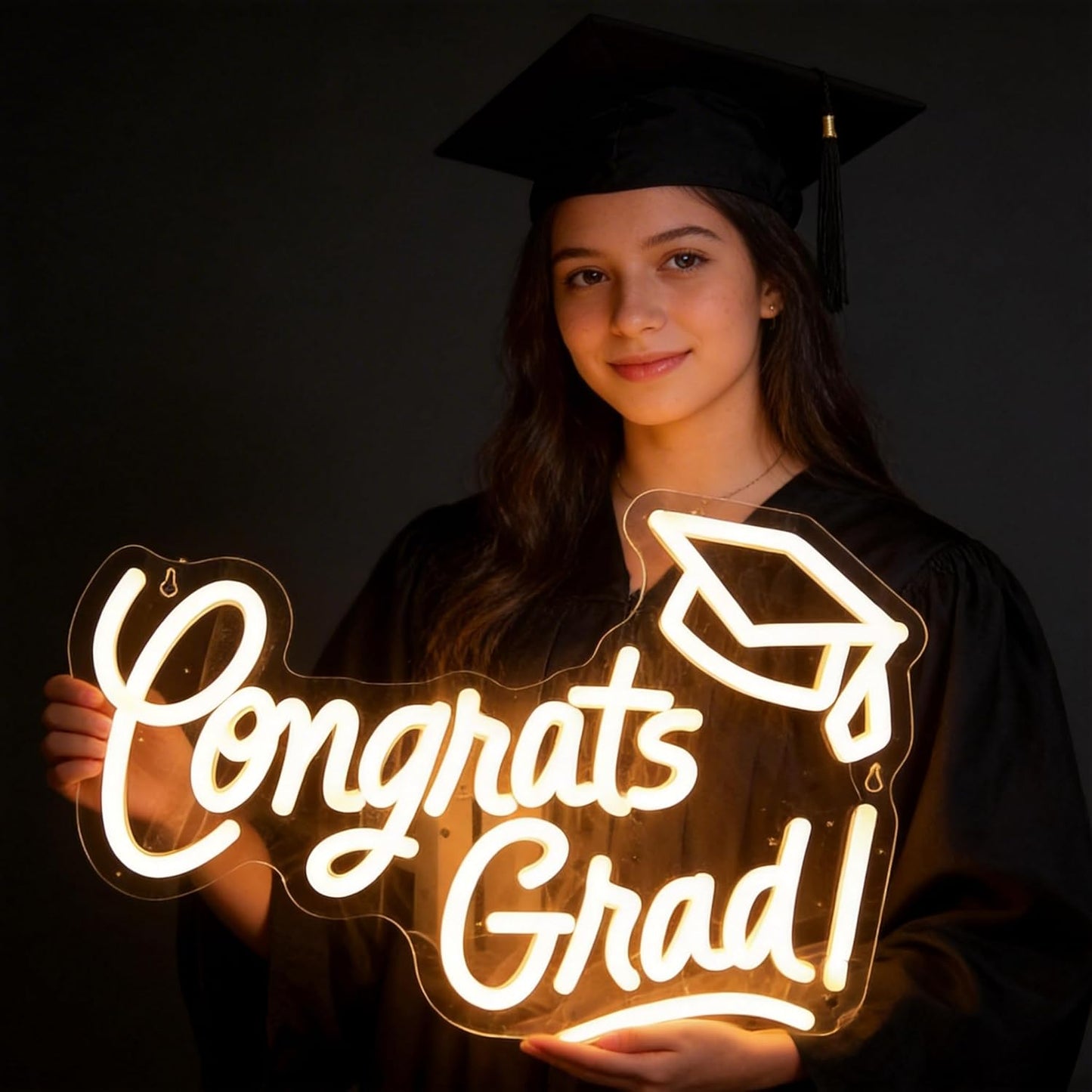 Skiennix Congrats Grad Neon Sign - Graduation Cap Design | 16"x11" Warm White LED Light for Class of 2026 Celebrations