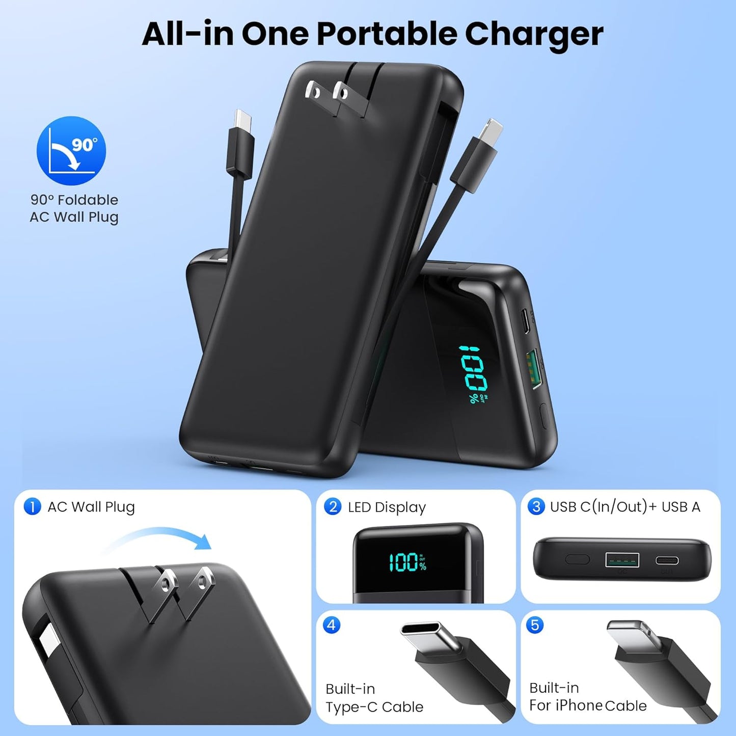 AONIMI iPhone,13800mAh 4 Pack 17/16/15/14,Android,Travel Portable Charger for Slim Power Bank with Built-in Cables & AC