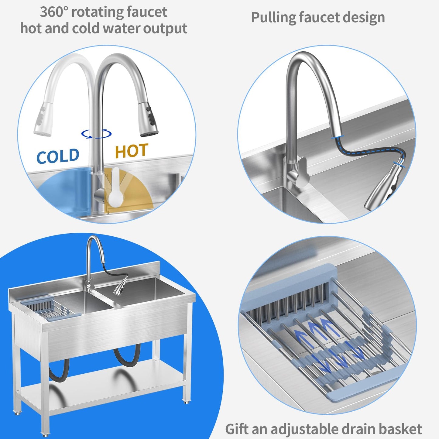 Double Bowl Kitchen Sinks Set w/Hot and Cold Faucet,Stainless Steel Utility Sink for Kitchen and Bathroom Farmhouse Style