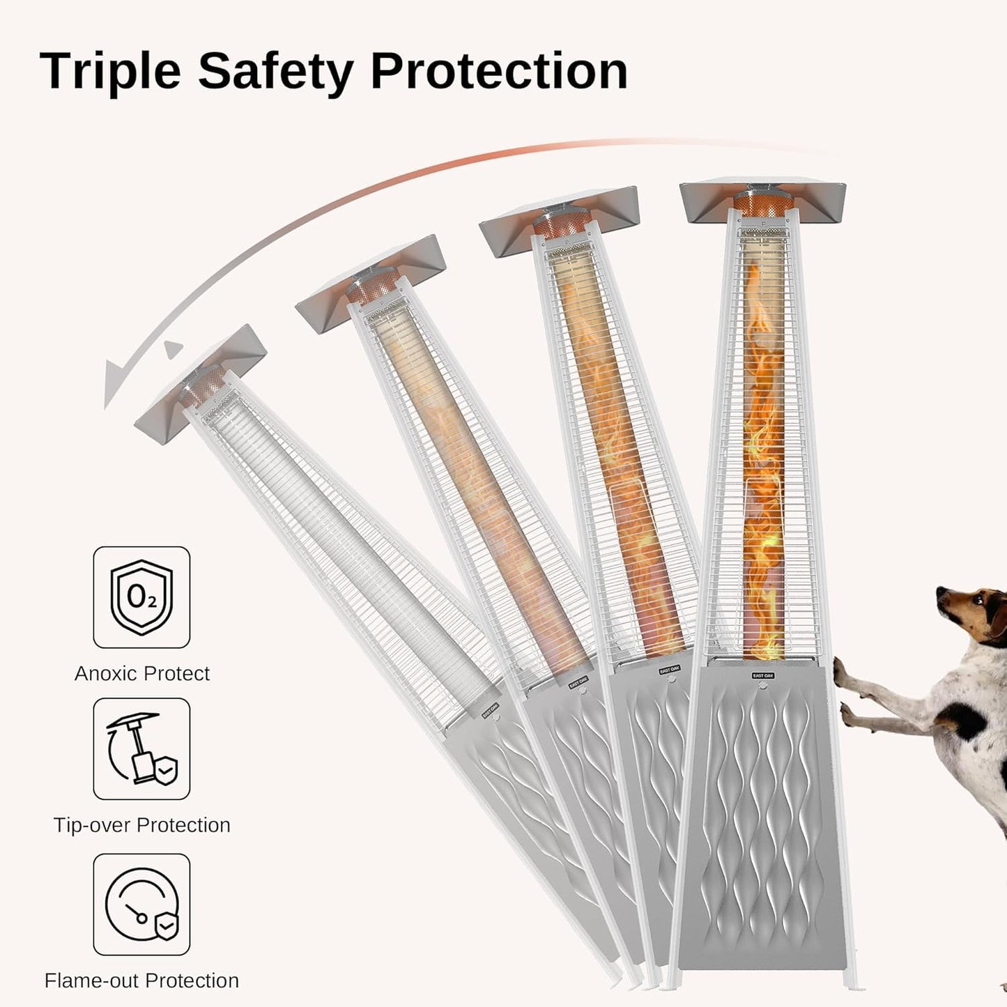 EAST OAK 48,000 BTU Pyramid Patio Heater, Quartz Glass Tube Propane Outdoor Heater with Wheels, Triple Safety Protection, 2025 Upgrade for Home, Backyard & Commercial Spaces, Stainless Steel