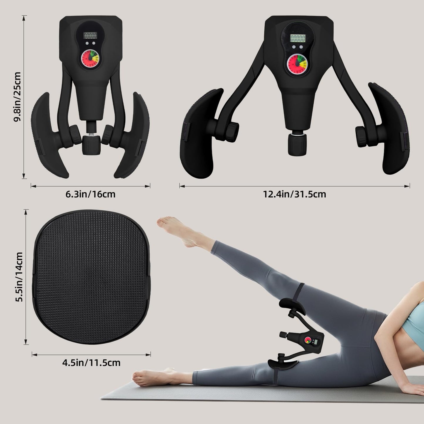 Abahub Inner Thigh Trainer with Display Counter, 0-132 LBF Adjustable Resistance Pelvic Floor Muscle Exerciser, Home Gym Kegel Trainer Includes Bands, Arm Workout Handles & Wireless Jump Rope, Black
