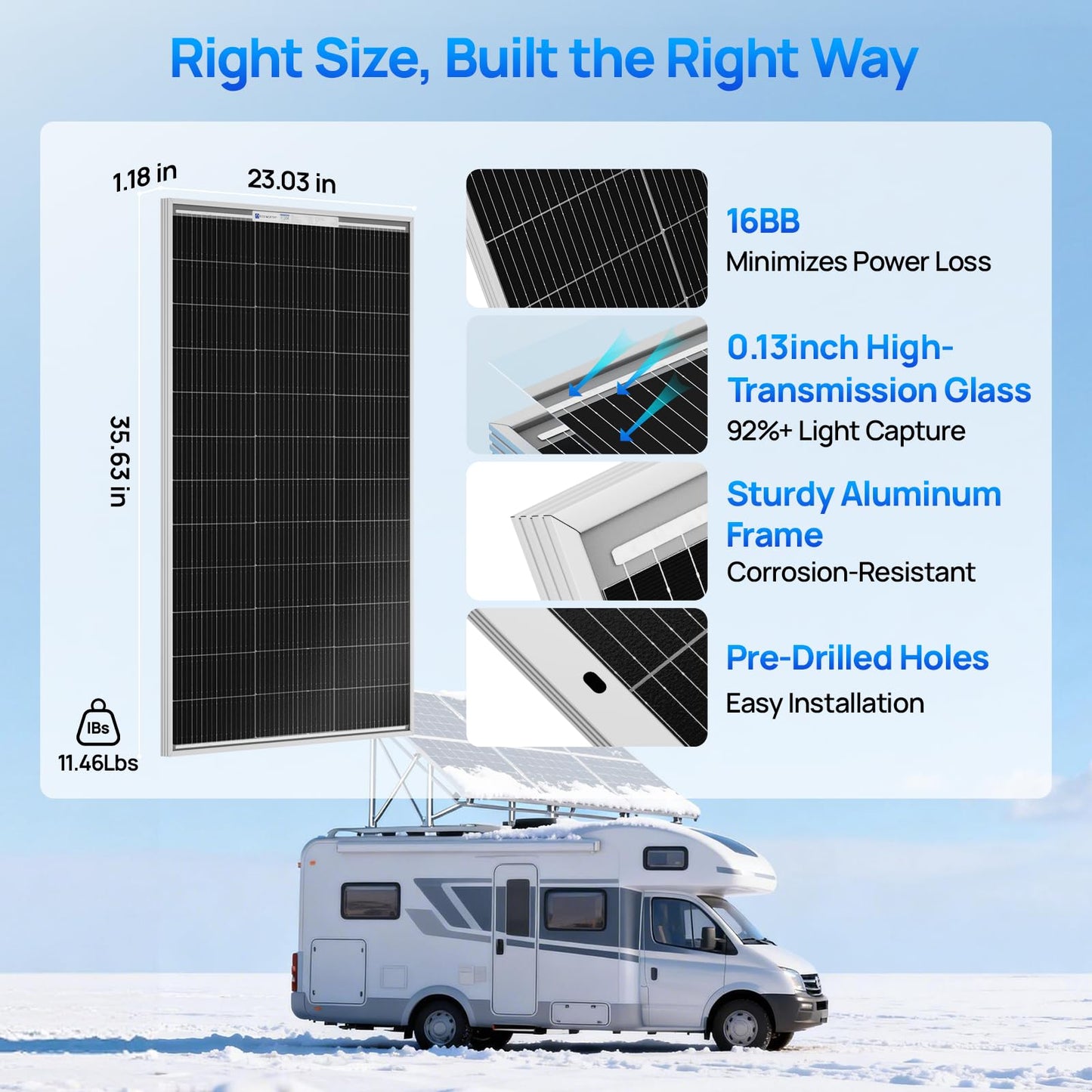 ECO-WORTHY 2pcs 100 Watt Solar Panels Monocrystalline Solar Panel for 12V/24V Battery RV Marine Boat and Other Off-Grid Applications, 2-Pack 100W