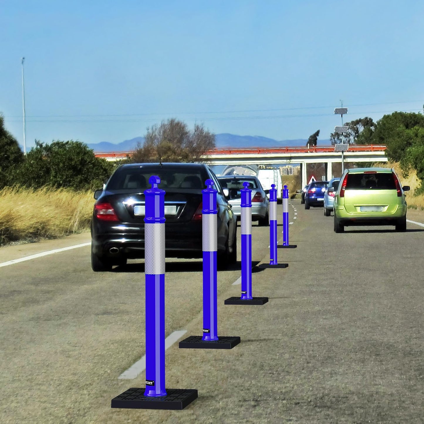 BATTIFE 45" Delineator Post with Base, Traffic Delineator Cones with Reflective Collar for Driving Practice, Construction Work (3, Blue, 45 inch)