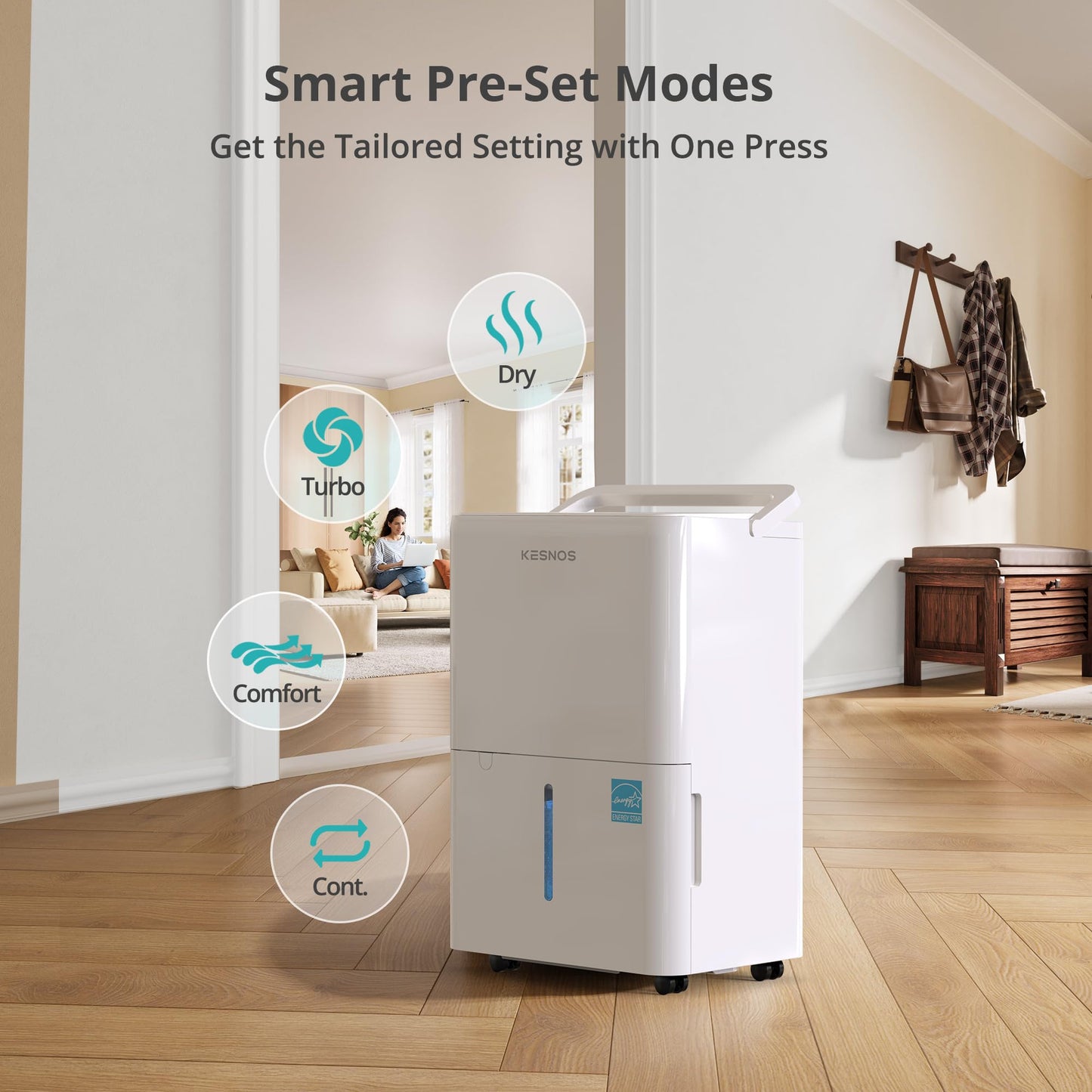 Kesnos 2,500 Sq. Ft. Energy Star 2025 Dehumidifier for Home & Basement, Ideal for Bedroom with Ultra Quiet 36 dB, 0.39-Gallon Water Tank with Drain Hose, 4 Pre-Set Modes, Auto Defrost, Timer
