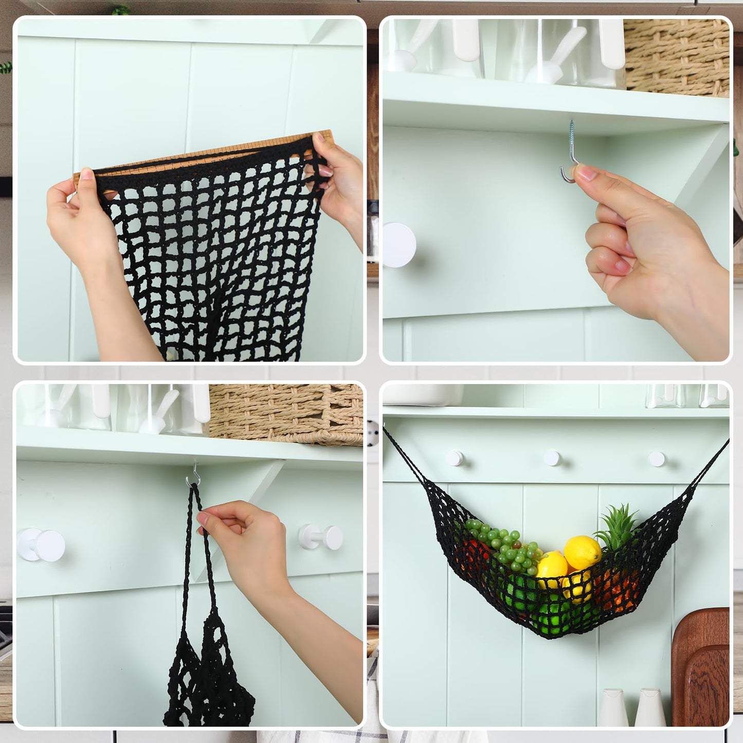 Xuhal 2 Pcs 11.8 x 20 Inch Large Macrame Fruit Hammock Under Cabinet Veggie Banana Hammock Hanging Fruit Basket Saves Counter Space for Kitchen Hand-woven Lace Hanging Basket (Black Style)